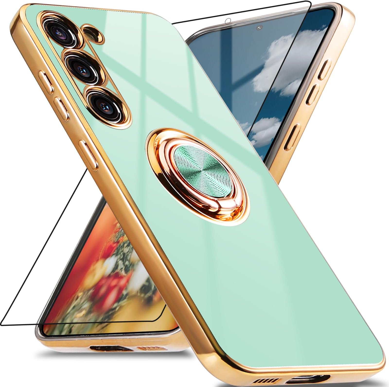 Jusy for Samsung Galaxy S23 Plus 5G Case, S23 Plus Protective Case with Rotating Ring, Magnetic Stand and Screen Protector, Shockproof Phone Cover with Luxurious Gloss Finish & Electroplating (Mint)