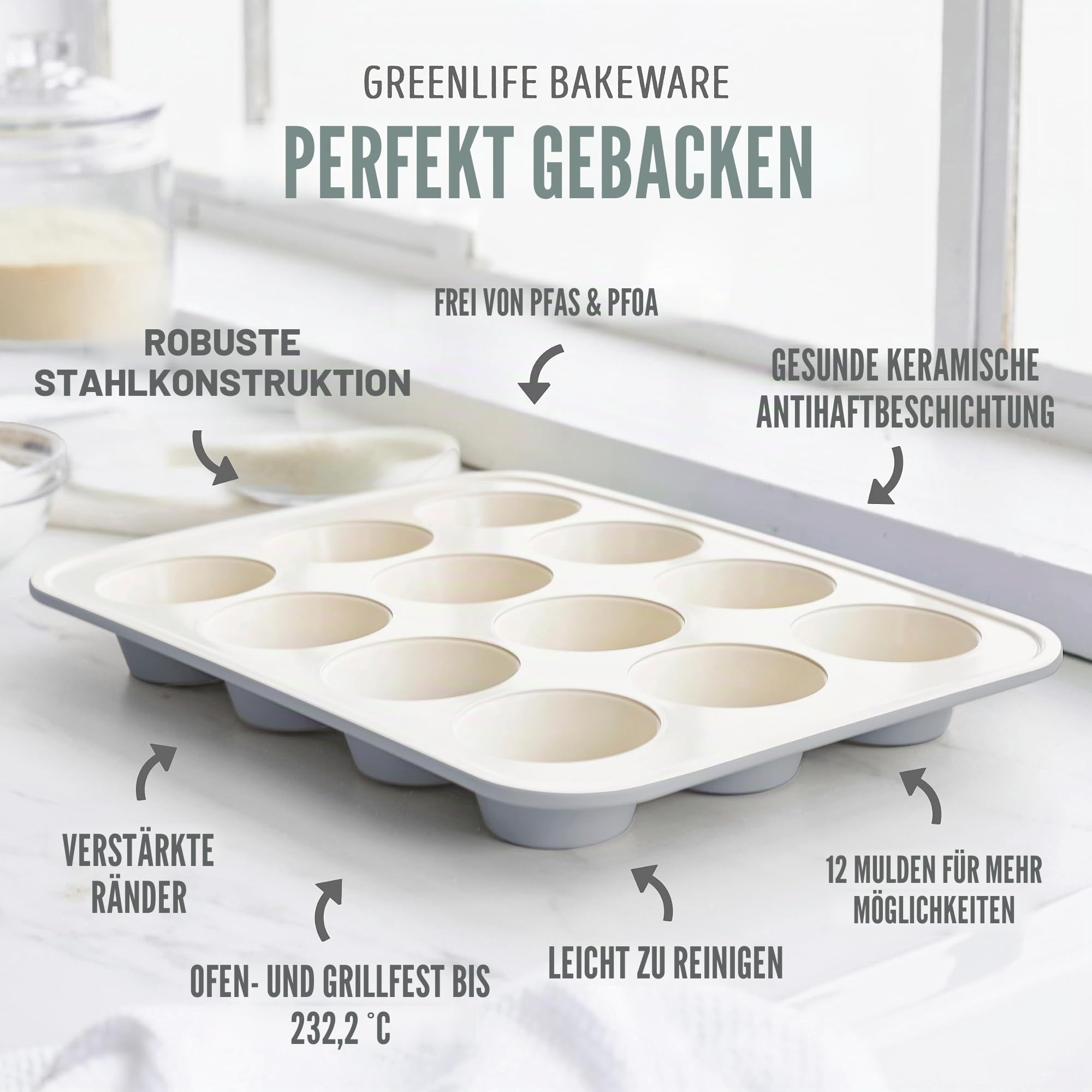 GreenLife Muffinform für 12 Muffins, gesunde Keramik-Antihaft-Backform, PFOA- und PFAS-freies Cupcake-Blatt, langlebiges Backblech, vielseitige Küchenutensilien, leicht zu reinigende Muffinform,