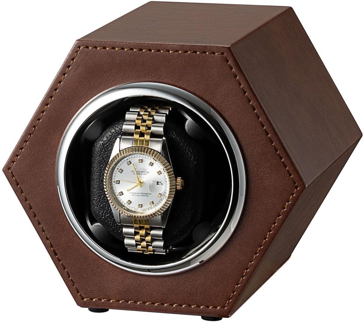 Hexagonal Watch Winder for Single Automatic Watches Solid Box PU Leather