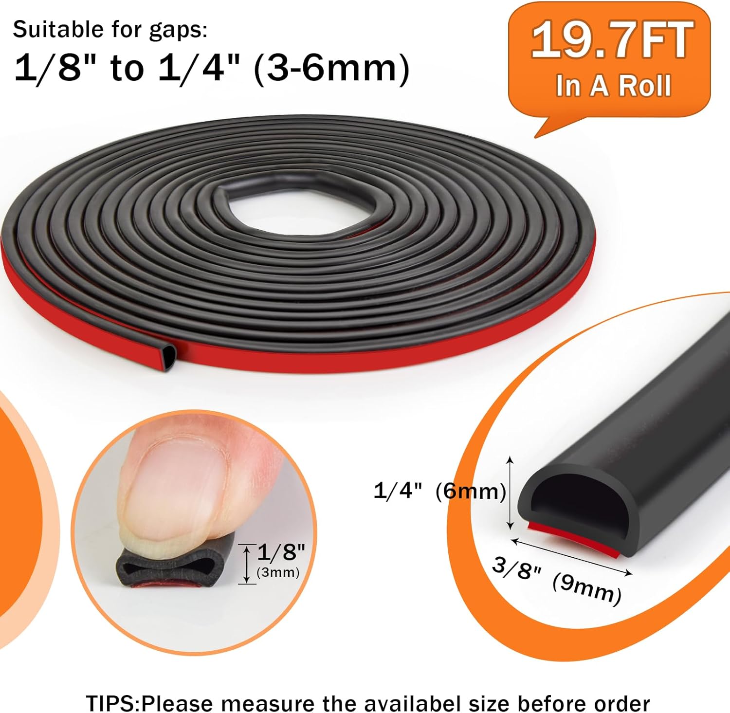 19.7FT Silicone Weather Stripping Seal, D Shaped Self Adhesive Seal Strip for Door/Window (Black, 3/8" W 1/4" T)