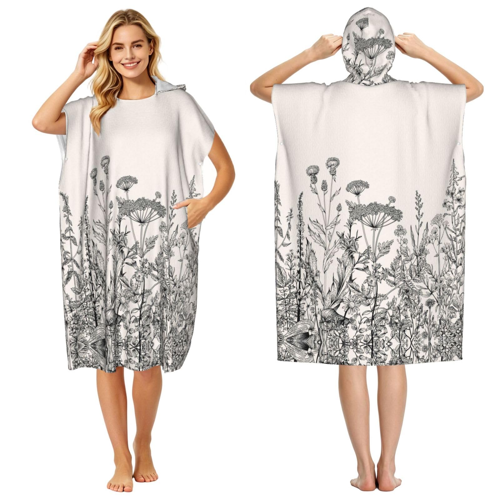 Poncho à capuche en microfibre haut de gamme imprimé floral botanique