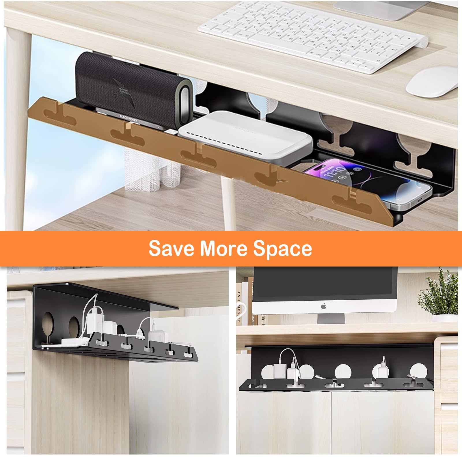 Plateau de gestion des câbles sous le bureau sans perçage – Organiseur de câbles de bureau en acier au carbone de 50,8 cm – Support de multiprise et organisateur de câbles pour bureau (40 cm)