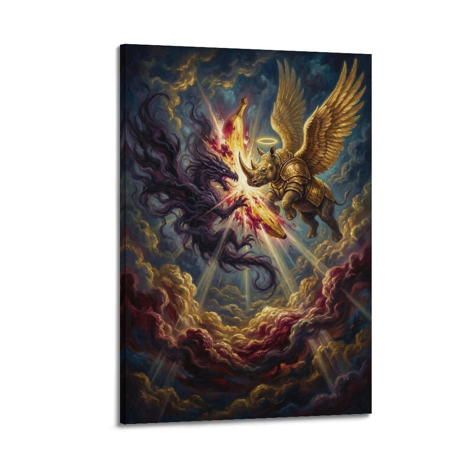 XKUGA Surreal Fantasy Animal Poster Rhinoceros Dragon Battle Modern Decorative Canvas Prints - Ideal Wall Art for Family, Man Cave, Game Room, Boys & Girls Bedroom 20x30inch(50x75cm)