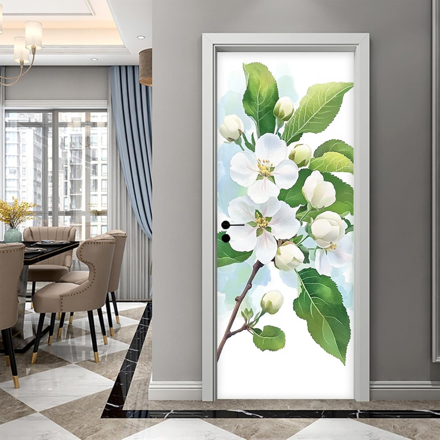 Naklejki na drzwi wewnętrzne biały kwiat Motywy kwiatowe Dekoracja drzwi do sypialni salonu łazienki biura Naklejka samoprzylepna, 44 x200cmx2pcs, 44 x200cmx2pcs