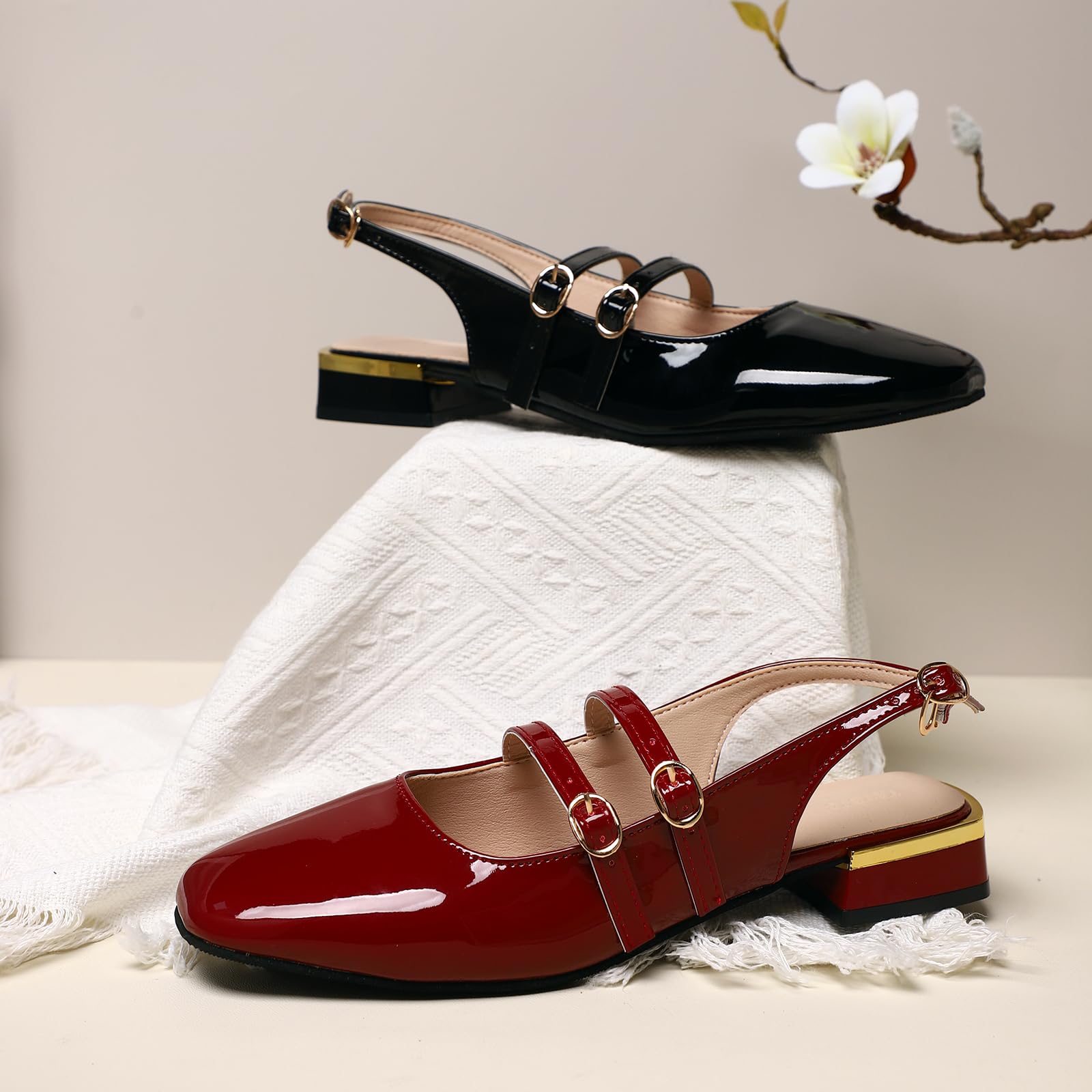 Sandalias Mujer Mary Jane Bailarina Elegante Zapatos de Talón Mocasines de Cuero Loafers de Bajo Zapatos Planos con Doble Hebilla