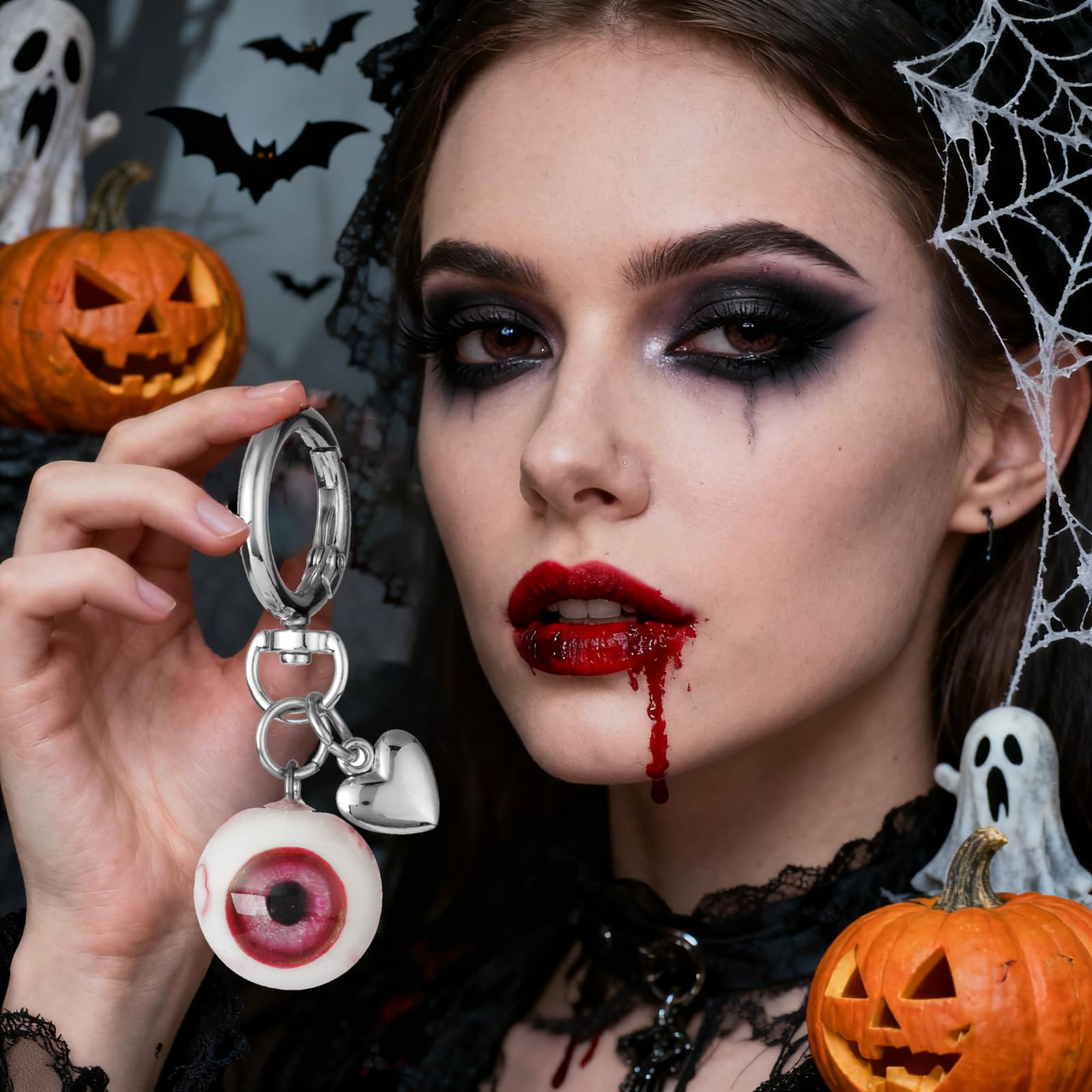 Goth Keychain Horror Eyeball Bag Charms Halloween Accessories Gothic Heart keychain Key Ring Funny Decor Cool Purse Charms for Men Women: pink and red