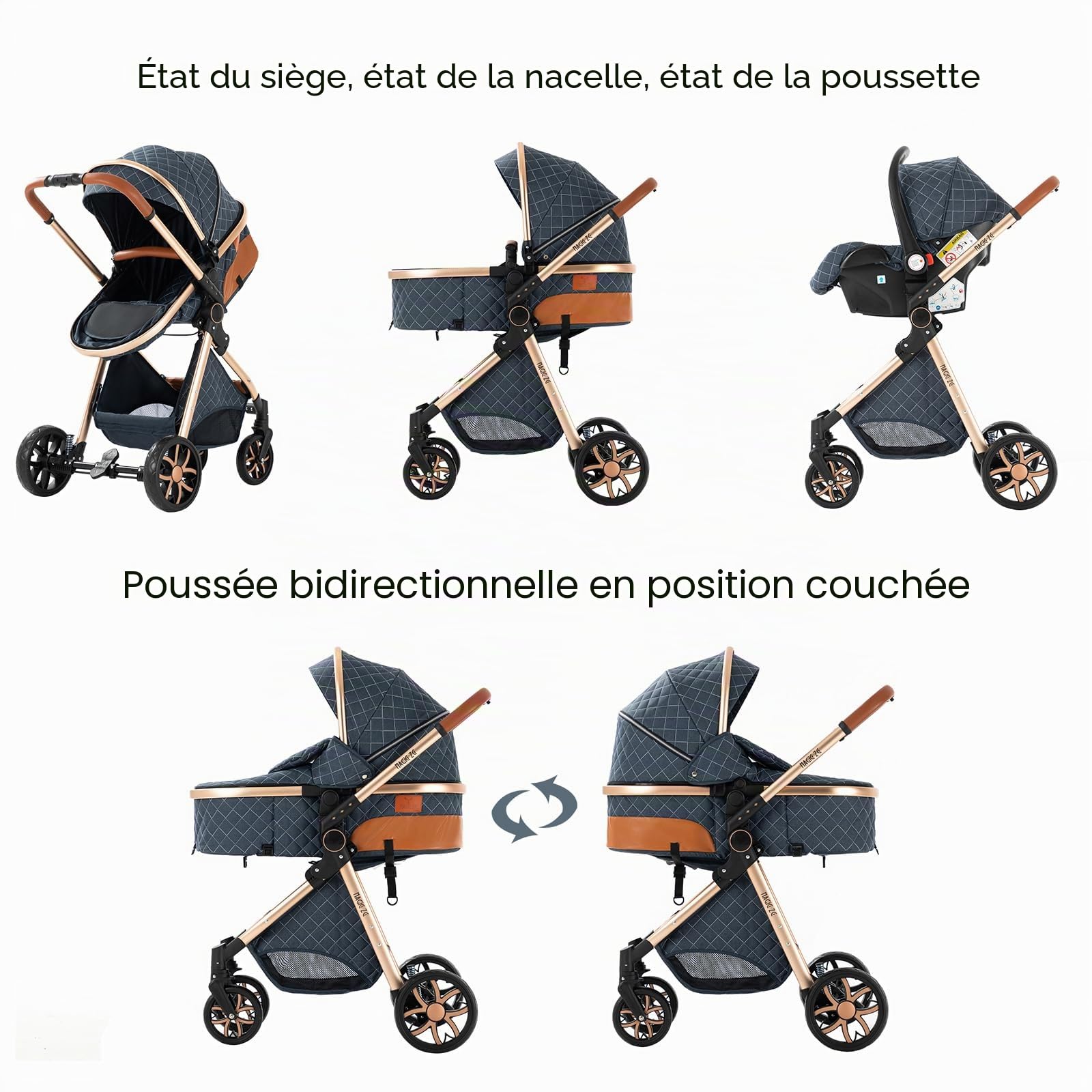 Poussette 3 en 1, Poussette Bebe avec Réversible Deux Façons de Pousser, Pousette avec Cadre Aluminium Haute Paysage, Pousette 3 en 1 avec Conception Pliable en Un Clic (V9 Chocolate)