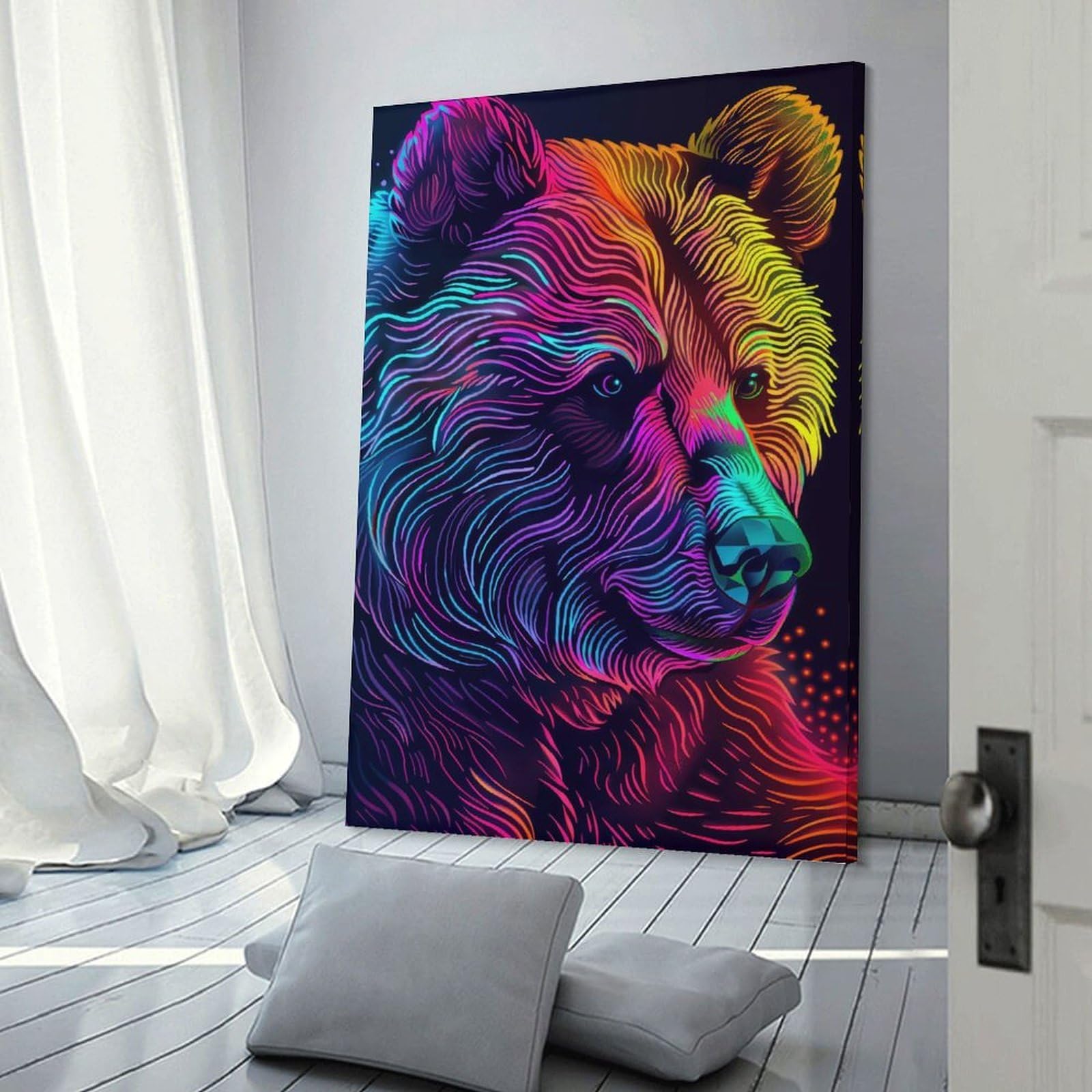 Junmoney Frame-Style-1 Neon Bear Portrait Wall Art Print, 12X18inch(30X45cm), For Living Room, Bedroom, Office Or Hallway, A Flexible Wall Accent For Shared Spaces