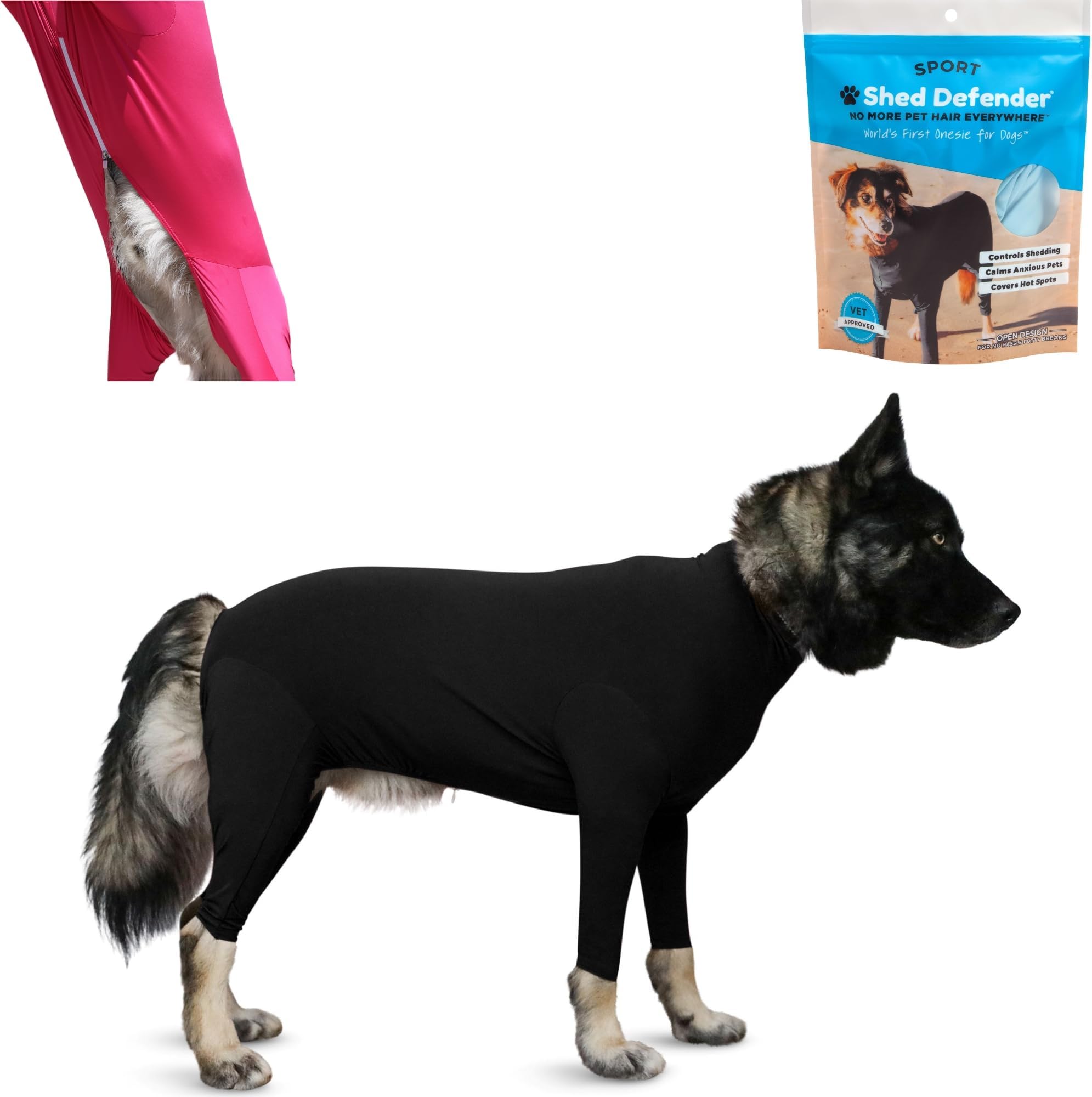 Shed Defender Sport Dog Onesie – Seen on Shark Tank - Contains Dog Hair, Reduces Shedding and Anxiety, Covers Hot Spots and Surgical Sites, Calming Shirt - Veterinarian Approved (Black, XXXS)