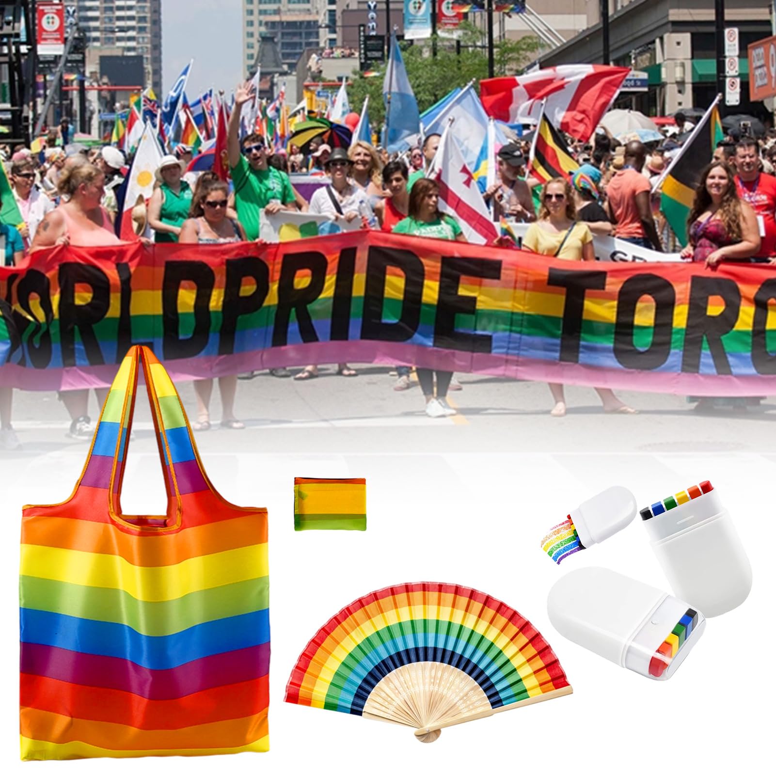 Ensemble d'accessoires de fierté avec peinture faciale de fierté, éventail pliable et réutilisable, sac d'épicerie LGBTQ, accessoires pour défilé du mois de la fierté