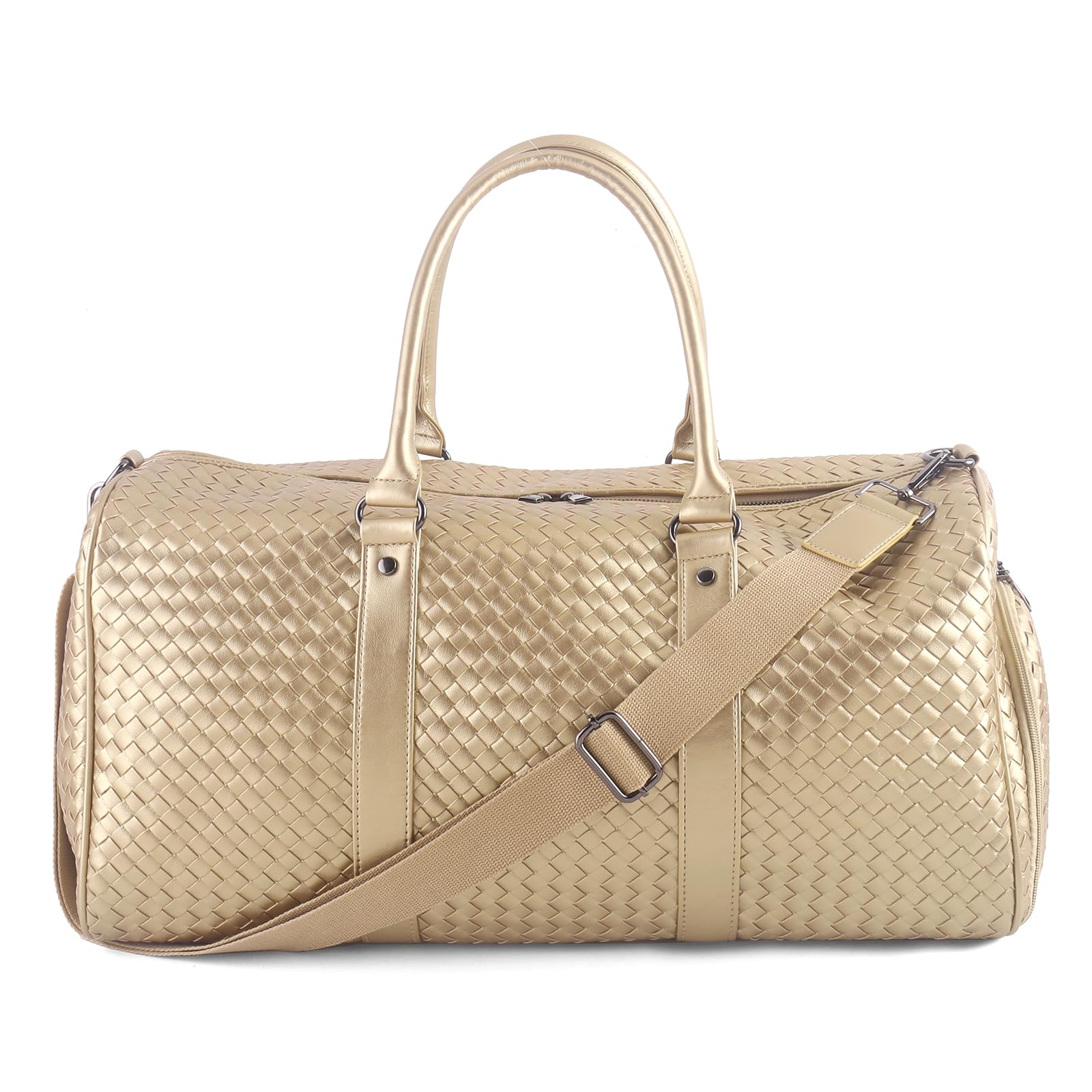 Weekender Bags for Women Woven Leather Travel Duffel Bag with Shoe Compartment, Carry On Garment Bag for Men Women, Large Capacity Water-resistant Gym