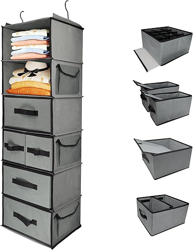 Estantes colgantes de 6 niveles con 5 cajones y 3 bolsillos laterales, soporte organizador de armario colgante de tela duradera con gancho
