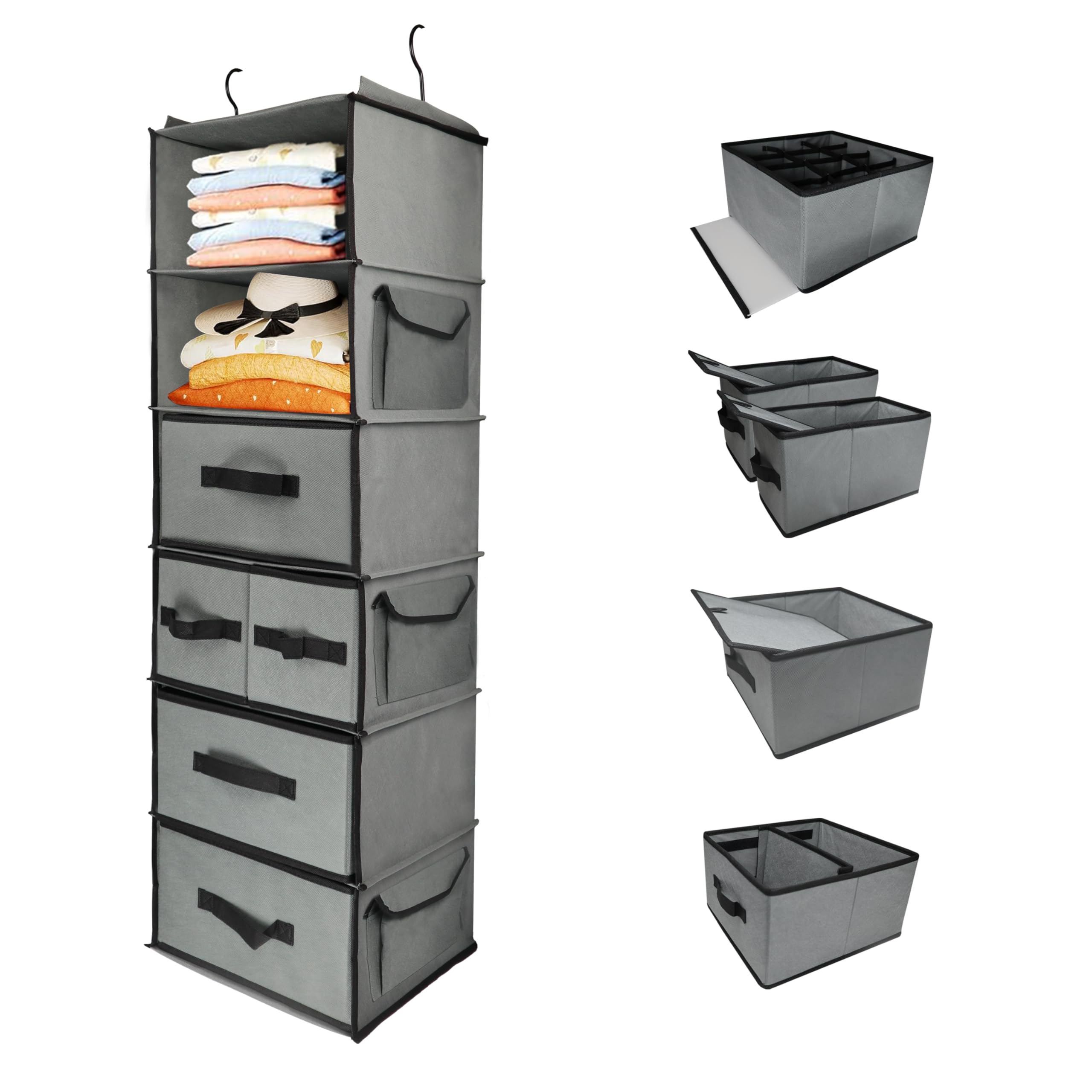 Folzaelar Durable Hanging Wardrobe Organiser with 5 Drawer & 3 Side Pocket,6-Tier Thickened Fabric Hanging Shelf Clothes Storage Holder Organization Space-Saving for Small Place,Closet,Bedroom,Dorm,RV