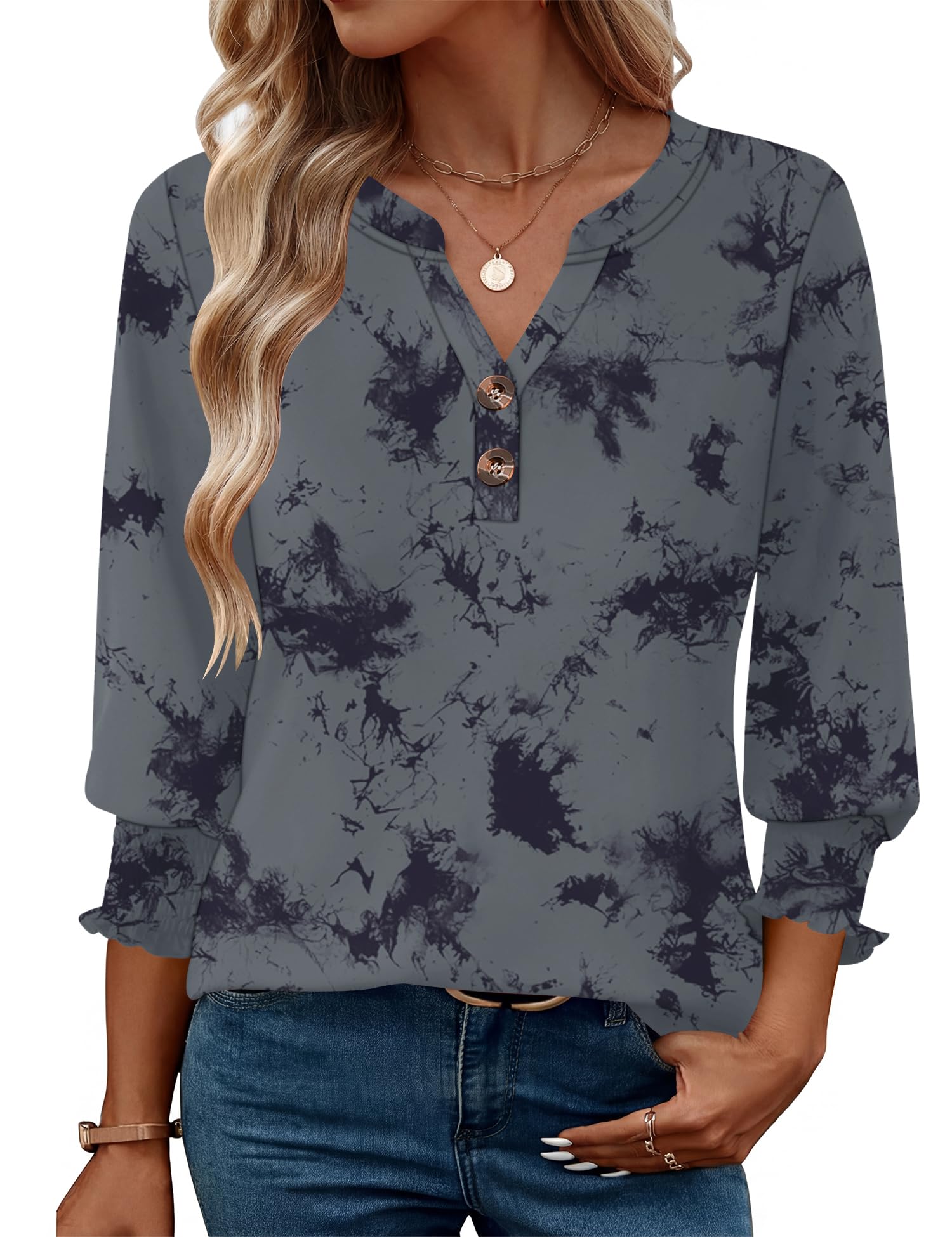 Rapbin Damen Bluse 3/4 Arm V-Ausschnitt Oberteile Knopfleiste Tunika Elegant Lässig Business Blusen Sommer Tops
