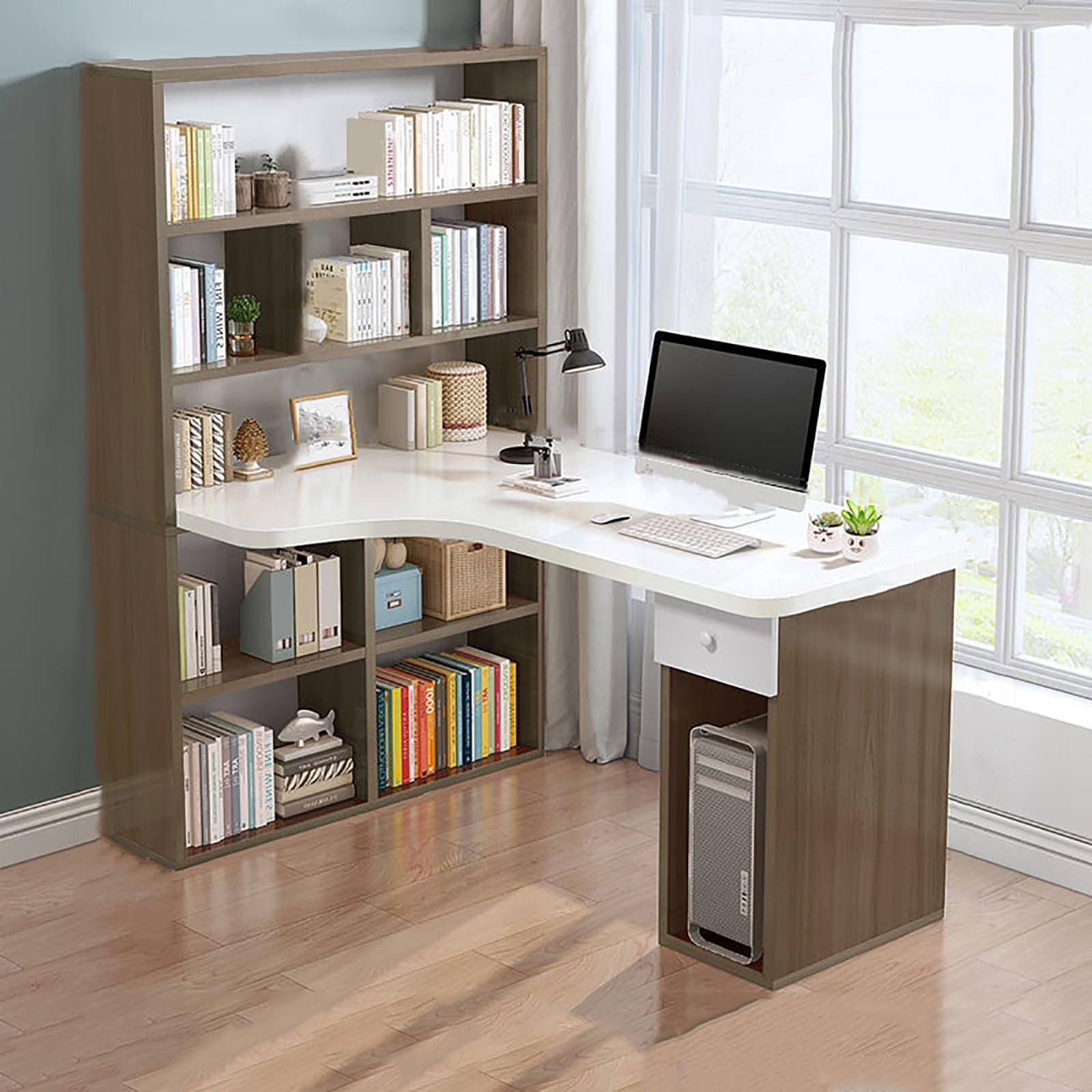 HM&DX L Shaped Desk with Hutch,Modern Wood L-Shaped Corner Desk with Drawers,47 Inch Computer Desk with Storage Shelves,Writing Study Table for Home Office Workstation Furniture