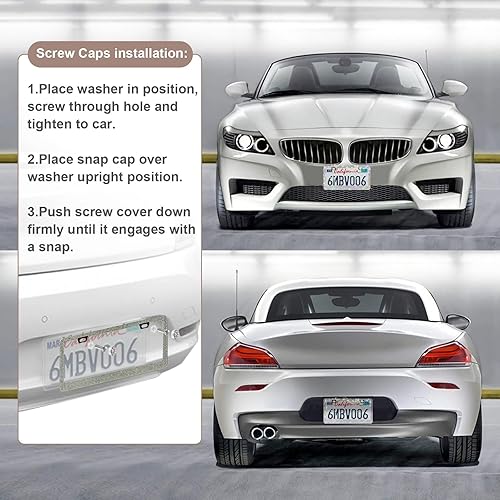Vista 94 de Paquete de 2 marcos de matrícula brillantes para mujer, accesorios de automóvil con diamantes de imitación brillantes con tapas de cristal con Blanco