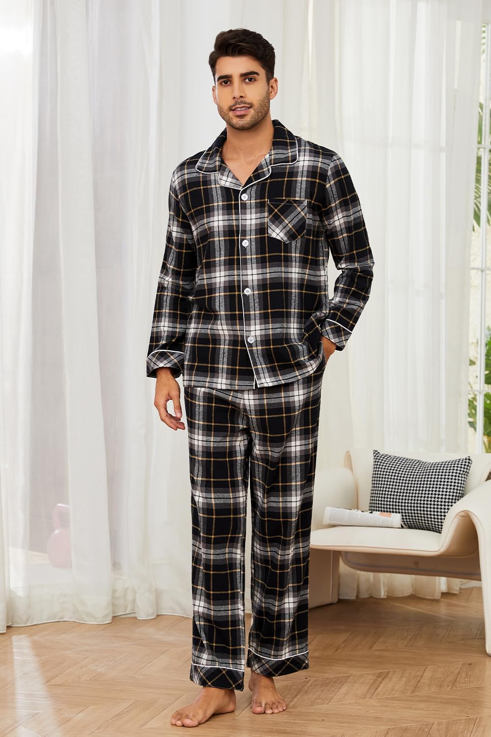 Vulcanodon Men 100% Cotton Pajama Set, Long Sleeve Flannel Pajama Sets Soft Woven Plaid 2 Piece Button Down Lounge Set - Image 3