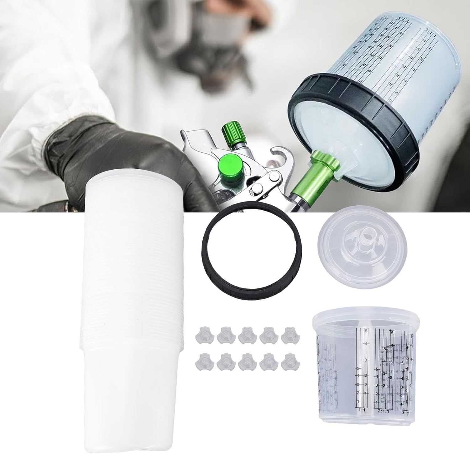 50pcs Paint Cup Liner Kit, 20.3oz 600ml Spray Gun Cup Liners with 190 Microns Filter Lids for Automotive Painting Clear Coat