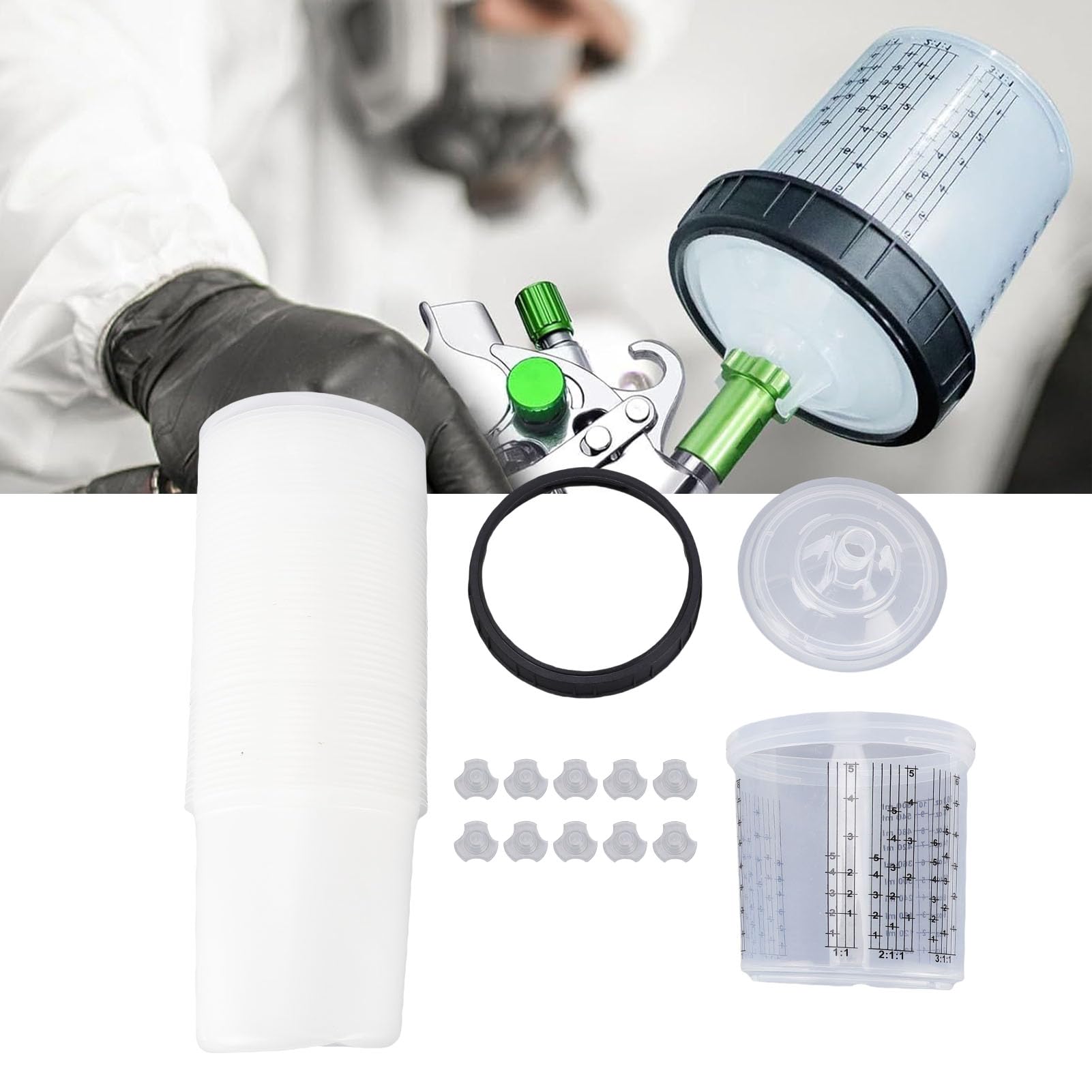 Eujgoov Kit Bicchiere con Liner e Coperchio per Verniciatura, Tazza Rigida con Filtro 20,3 Oz 50 Pezzi for Spruzzatura di Vernici Auto, e Trasparenti
