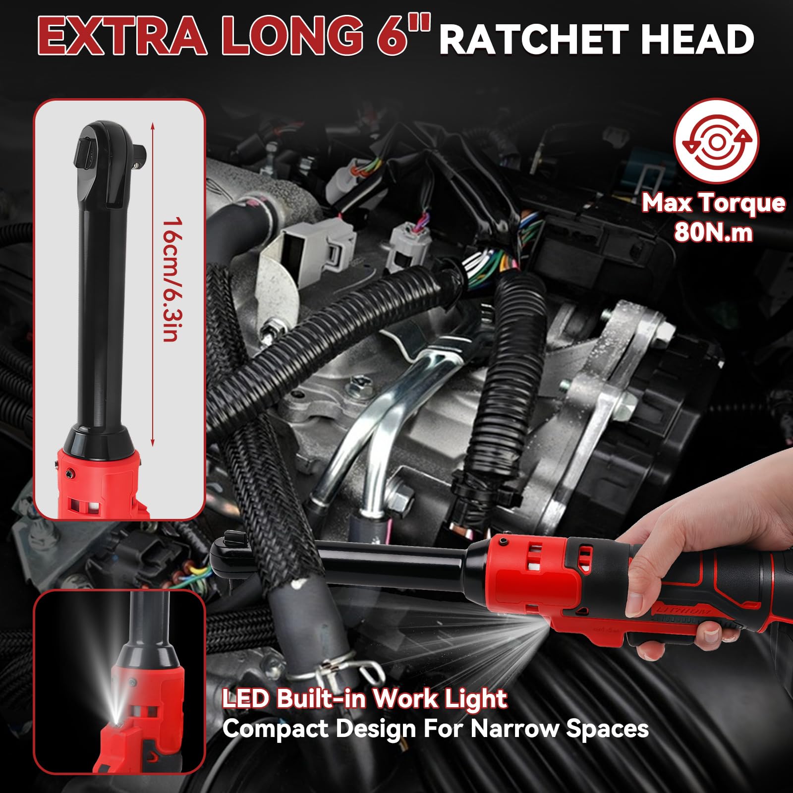 Chiave a cricchetto a batteria per Milwaukee 18 V, 3/8", elettricamente allungata da 16 cm, chiave a cricchetto con luce LED, 320 giri/min, 80 Nm (senza batteria)