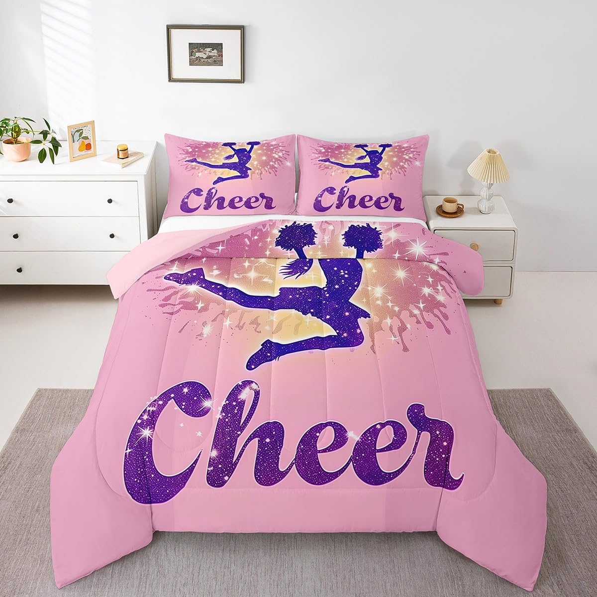Castle Fairy Cheerleader Comforter Set King Size Gymnastics Girl Silhouette Bedding Set Kids Girls Dreamy Glitter Print All Season Quilt Set
