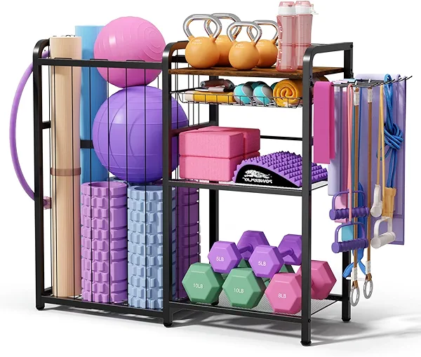 Homsorout Weight Rack for Home Gym - Exercise Equipment Storage Organizer for Yoga Mat Dumbbells Kettlebells Foam Roller Yoga Strap & Resistance Bands, Ideal Yoga Mat Holder & Workout Equipment Organizer