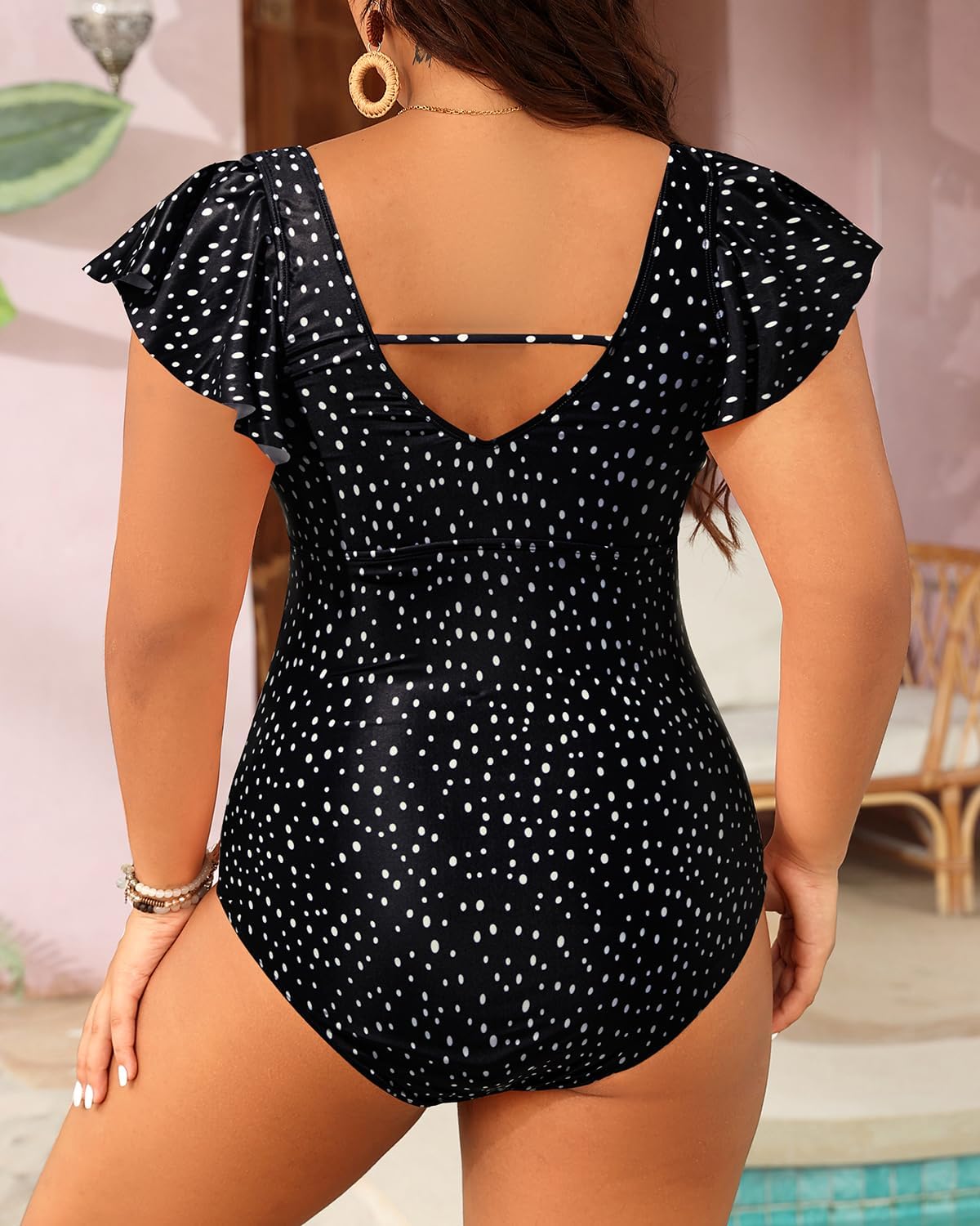 Plus Size One Piece Swimsuit - Women Tummy Control Bathing Suit Ruffle Vintage Swimwear with Sleeves - Image 2