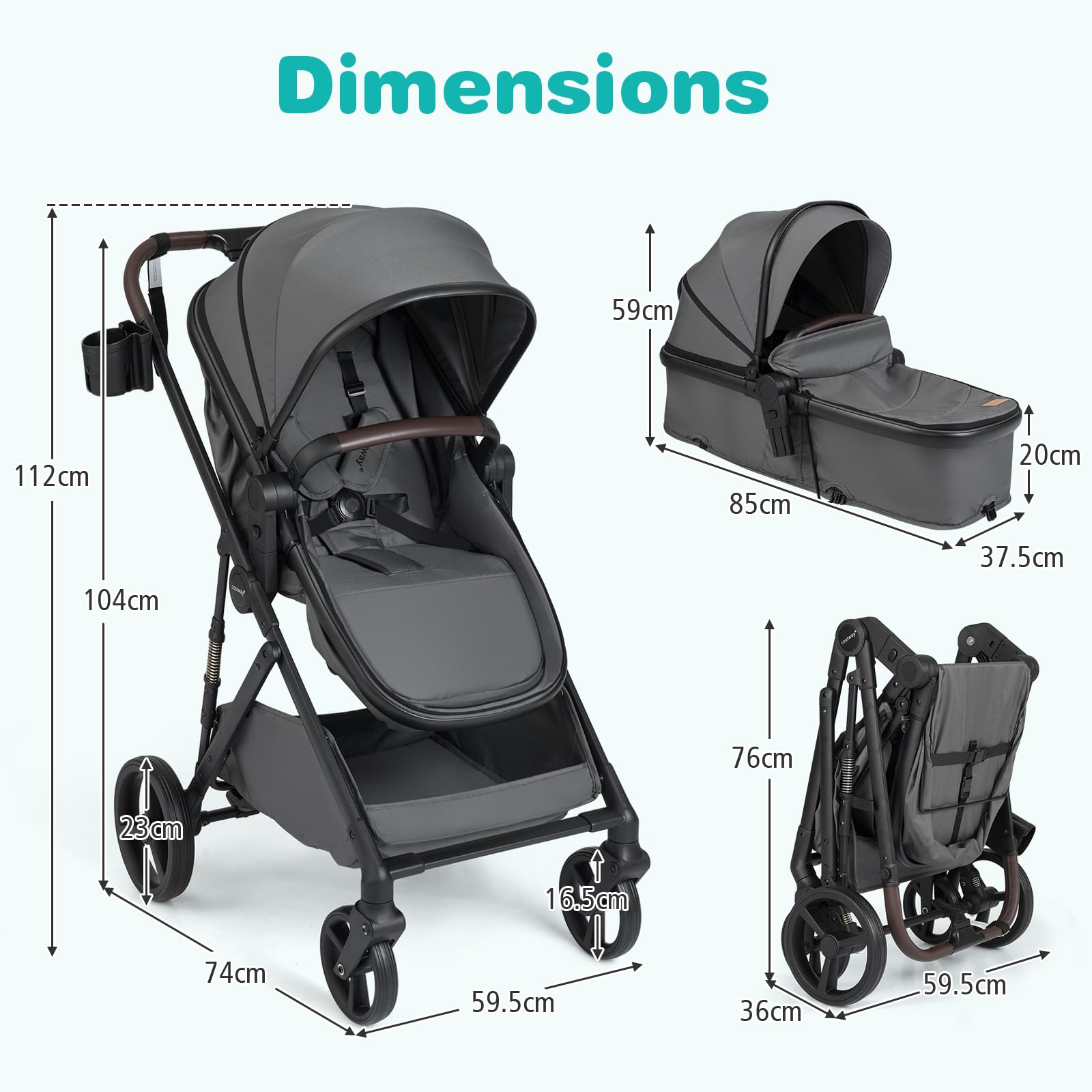 COSTWAY 3 in 1 Baby Stroller, Foldable Travel System Pram with Reversible Seat, Adjustable Canopy & Backrest, Mesh Net, Storage Basket, Lightweight Infant Newborn Pushchair for 0-36 Months (Grey) — view 6