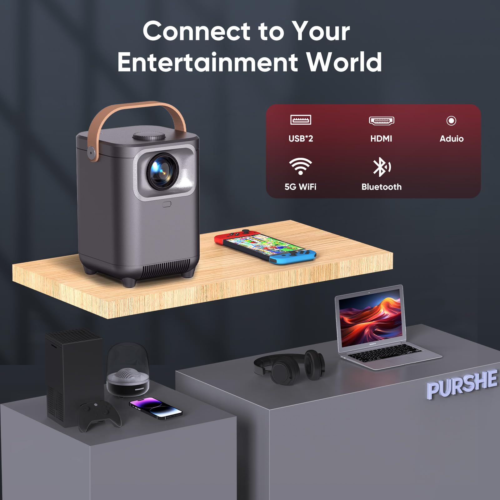 Beamer, Elektrischer Fokus/Auto Trapezkorrektur WiFi 6 BT5.2 Mini Beamer 4K Full HD 1080P Unterstützt, 50% Zoom Tragbar für Heimkino/Outdoor, Kompatibel Mit TV Stick/HDMI/USB/Laptop/iOS/Android