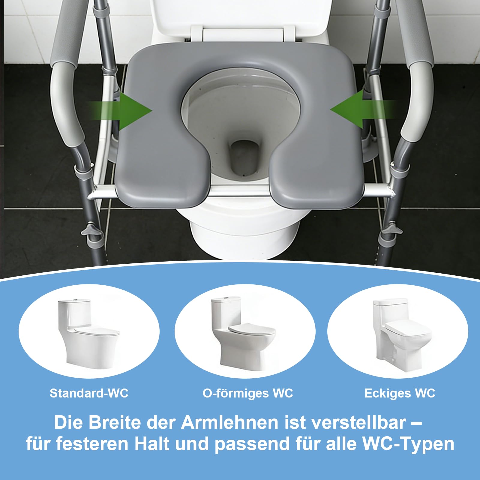 Asiento elevado para inodoro con asas, altura regulable en 8 posiciones, 68 – 85 cm, con soporte para pañuelos, bolsa de almacenamiento de 150 kg para cualquier inodoro, personas mayores
