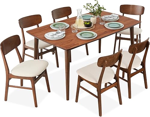Miniatura 9 de Best Choice Products Juego de mesa de comedor de madera de 7 piezas, moderno de mediados de siglo, mesa de cocina con 6 sillas, cojines tapizados,