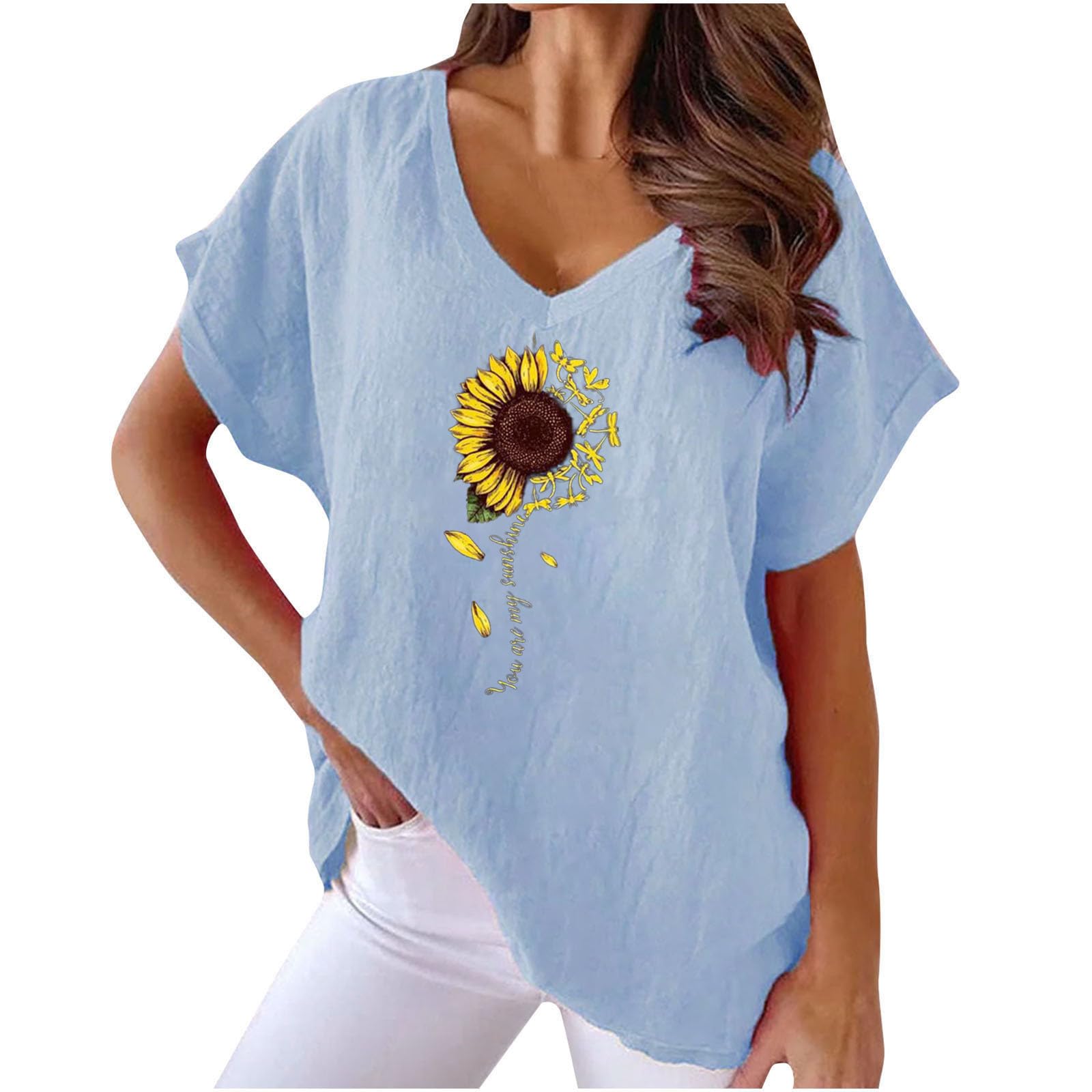 NUSGEAR Camiseta de Manga Corta Mujer Algodón y Lino Camisa Blusa Verano Moda Estampado Floral Cómodo Casual Suelto Cuello en V Tops 2024 T-Shirt Original Basic tee Talla Grande Transpirable Ligero