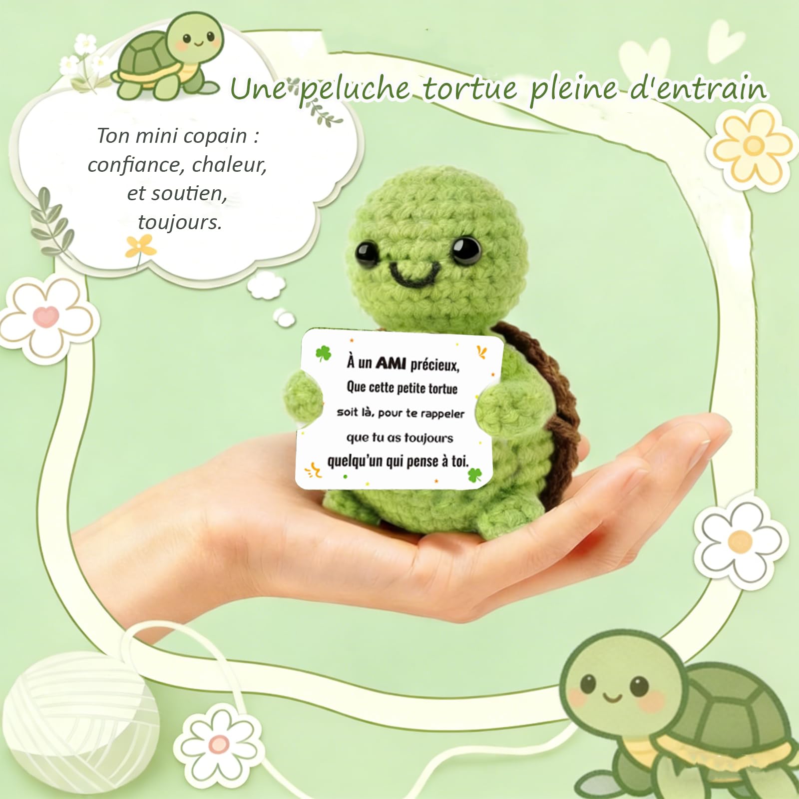 Cadeau Meilleure Amie : Tortue Positive, Peluche Tortue Crochet et Porte-Clés avec Message d‘Amitié - Un Câlin de Poche et Idée Cadeau Amie Femme Amusant pour Anniversaire ou Noël - 2