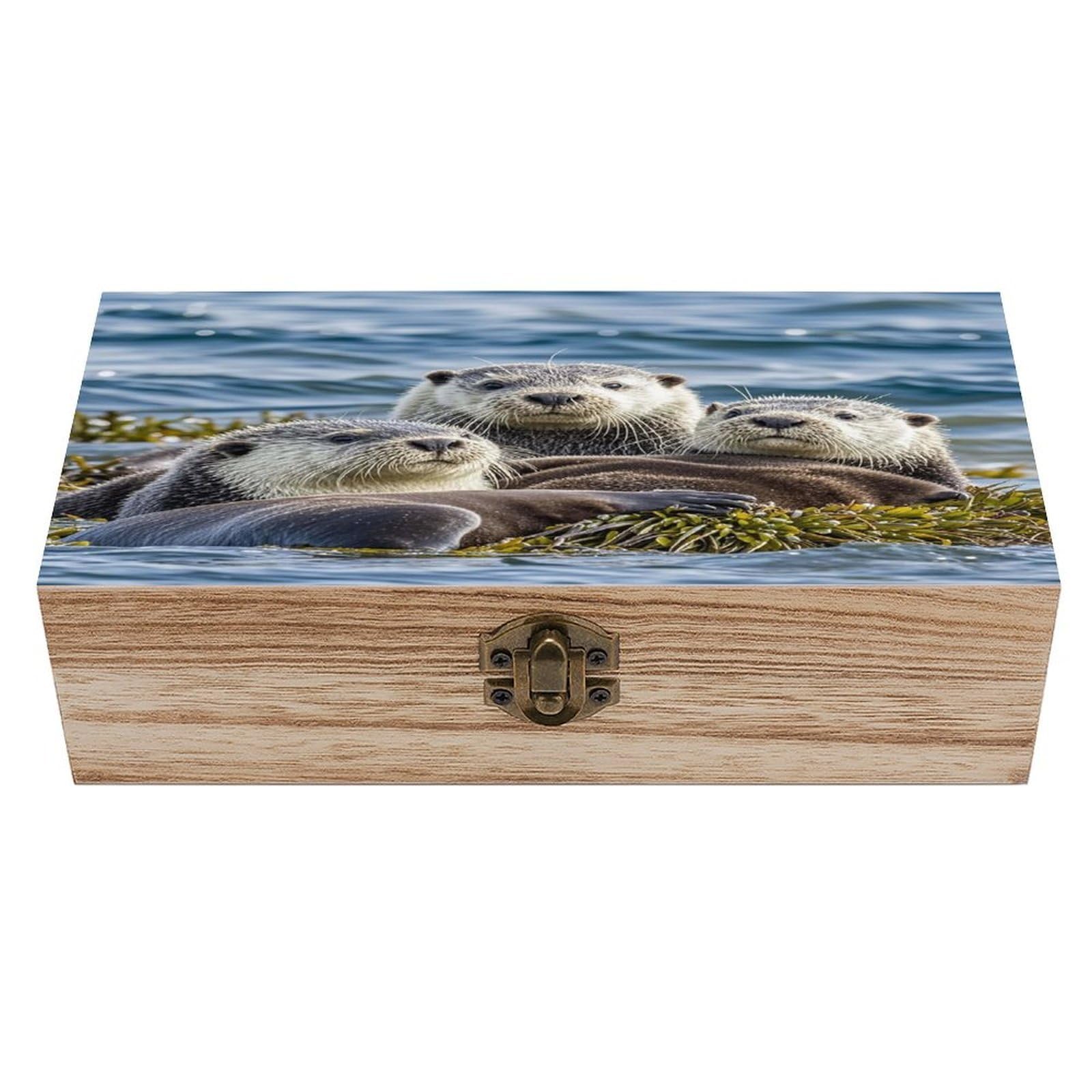 LZQPOEAS Sea Otter Family Wooden Box Storage Space to Organize Jewelry in A Beautiful Small Storage Box Decorative Card Boxes Memory Treasure Boxes for Crafts And Photo Storage