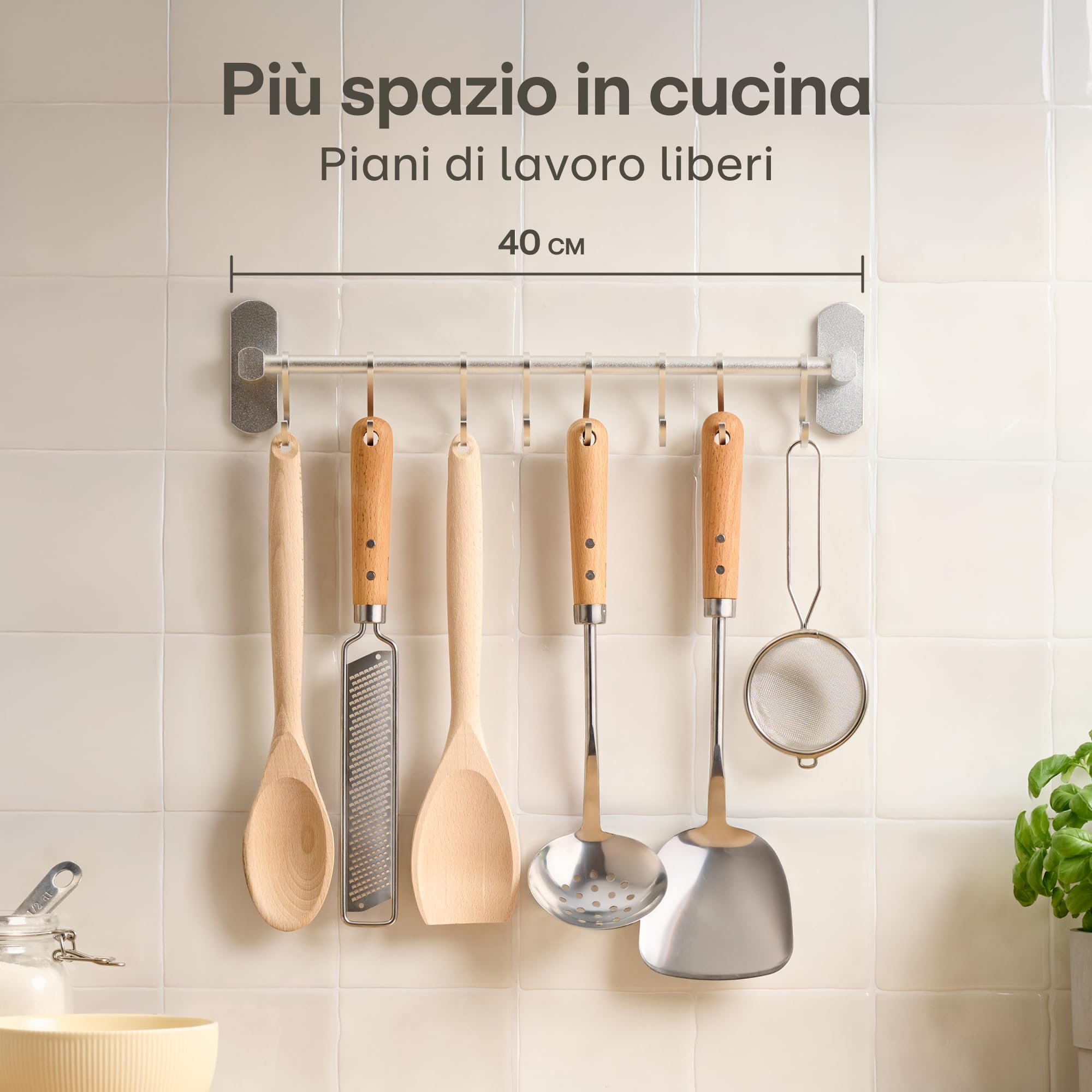 Praknu Barra Portautensili da Cucina Adesiva – 8 Ganci Regolabili - Installazione Senza Buchi - 40 cm – Supporto in Alluminio per Utensili da Cucina