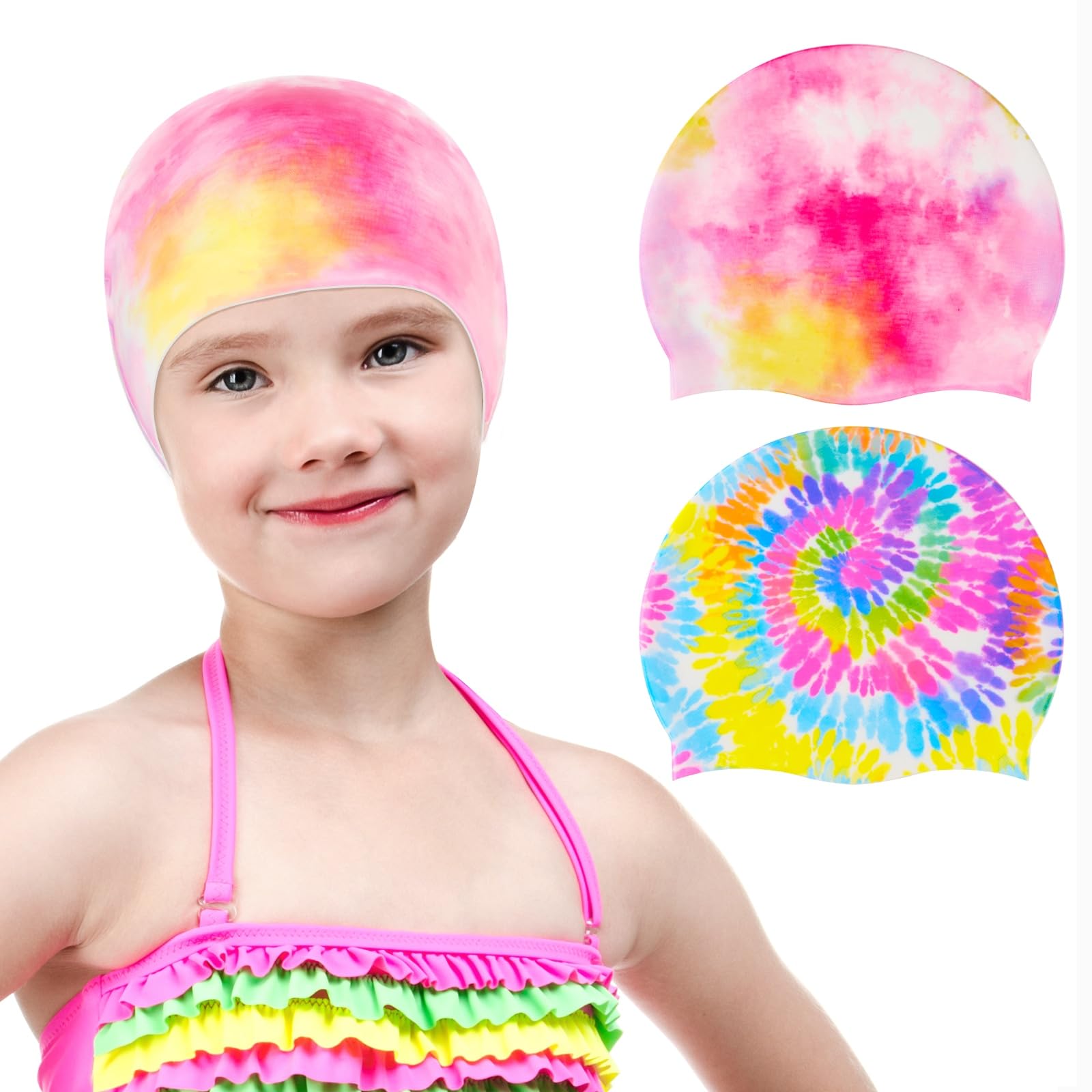 WAWSAM 2 Pack Kids Swim Cap Durable Silicone Swimming Cap for Boys Girls Toddler Waterproof Swimming Cap for Long and Short Hair Bathing Caps to Keep Hair Dry