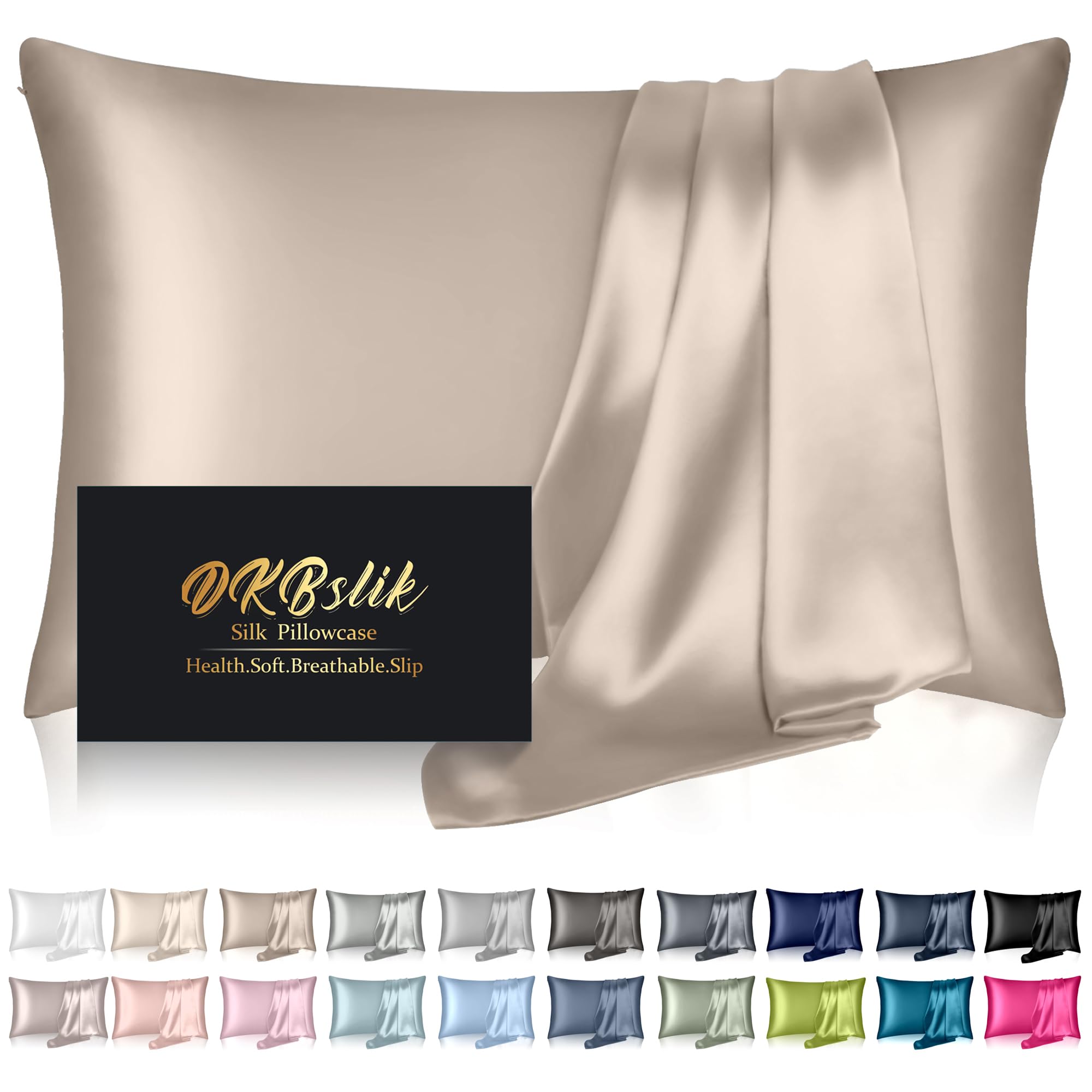 Silk Pillowcase for Hair and Skin, Mulberry Silk Pillow Cases Standard Size, Anti Acne Cooling Sleep Both Sides Natural Silk Satin Pillow Covers with Hidden Zipper, Gifts for Women Men, Champagne