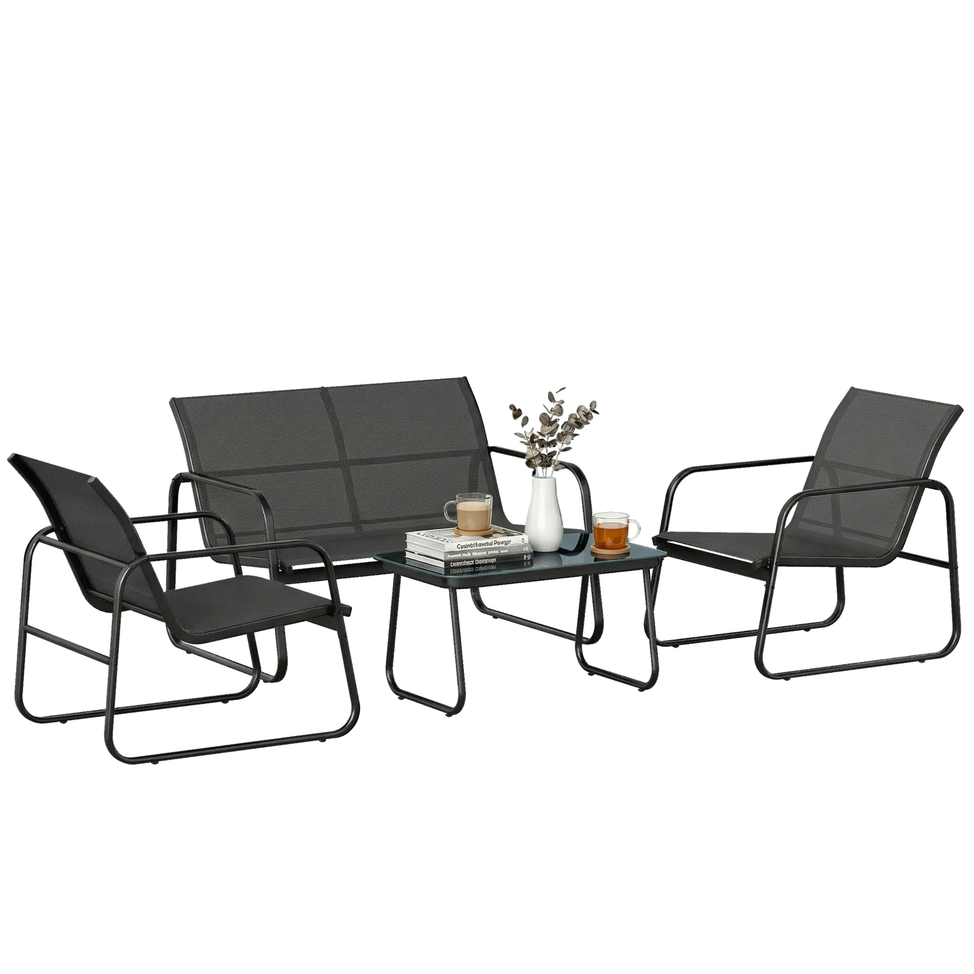 Outsunny Conjunto Jardín Exterior de 4 Piezas, Muebles Jardín Exterior con Sofá de 2 Plazas, 2 Sillones, Mesa de Vidrio Templado, Tela de Textilene Transpirable, Estructura de Acero, Caqui — view 10