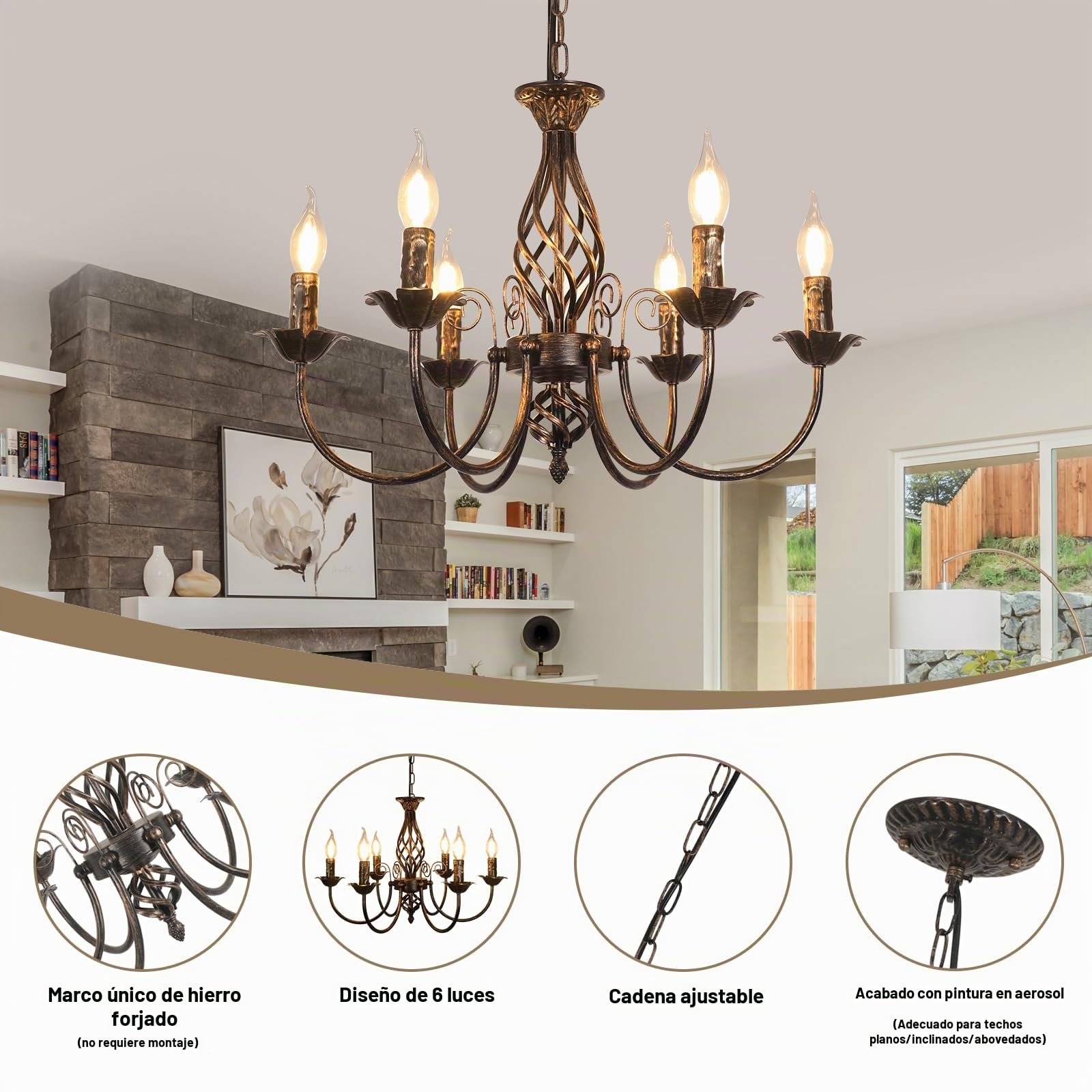 Comely Lampara Araña Rusticas, Ajustable Negro Candelabro 6 Luces E14 Negro | Lampara Colgante Vintage, Lámpara de Techo Rusticas para Cocina, Comedor