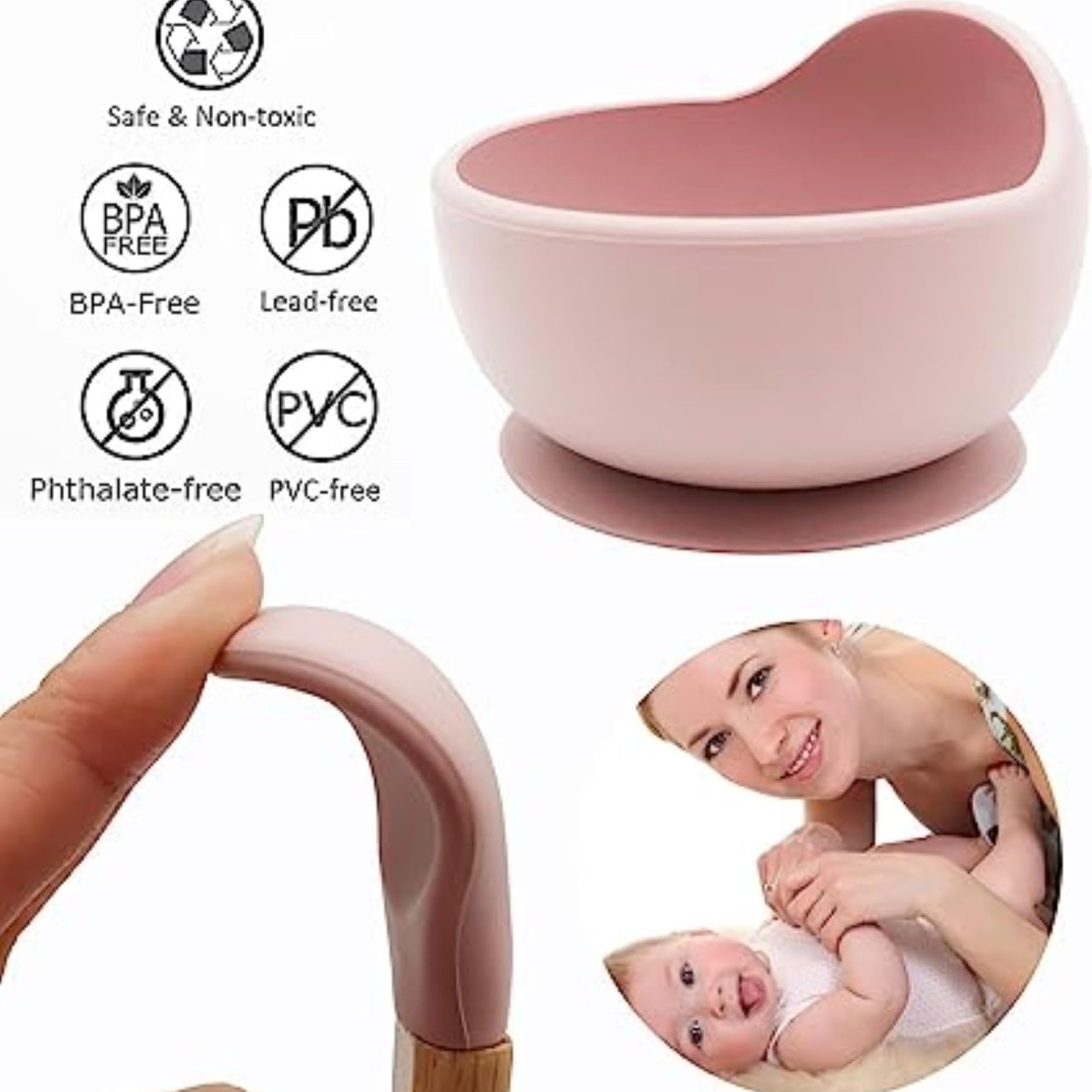 ESLORA Silicon Suction Bowl    Wooden Handle Spoon |BPA-Free,Unbreakable,Non- Slip,Microwave & Dishwasher Safe Feeding Set for Babies& Toddlers (Pink) - Image 5 thumbnail