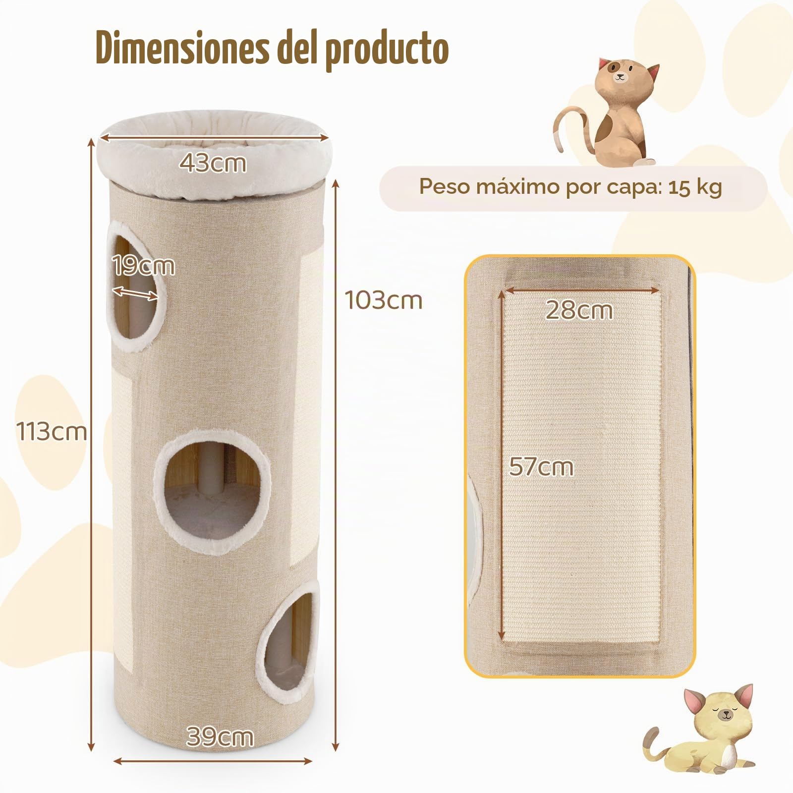 SOARS Barril rascador para gatos XXL, 113 cm, con 3 cuevas y cama de peluche extraíble, árbol rascador, torre para gatos, diámetro de 39 cm (beige)