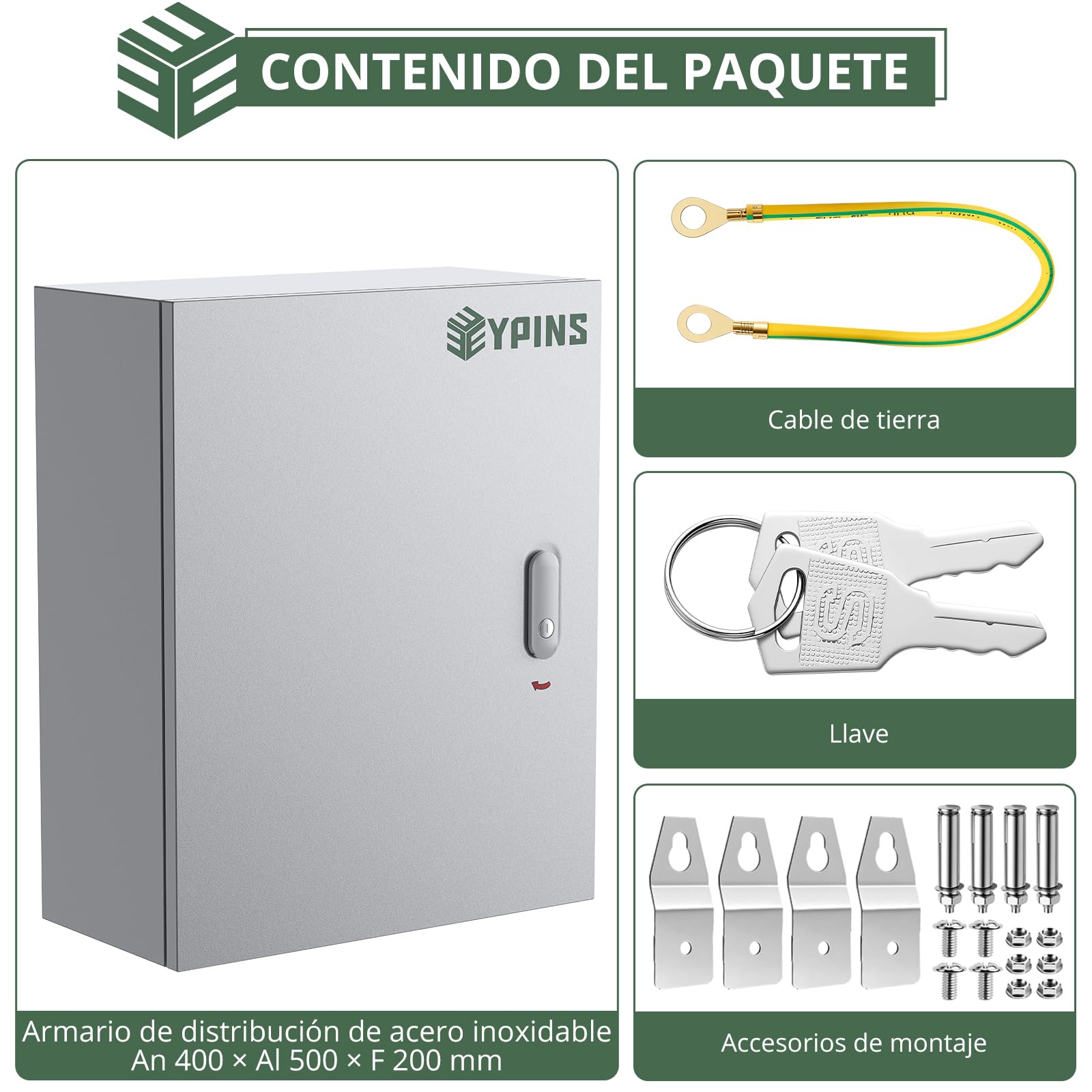 EYPINS Caja Eléctrica Metálica Acero 40x50x20cm con Cerrojo Aluminio IP44 | Caja de Conexiones Resistente a la Abrasión y Corrosión, CE, Placa de Montaje Desmontable, para Interiores y Exteriores