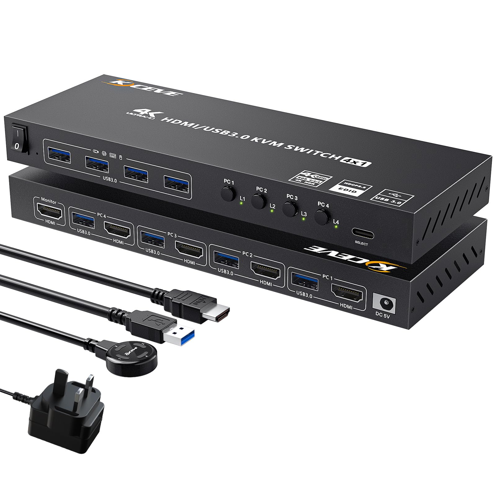 KVM Switch HDMI 4 Ports, USB 3.0 KVM Switch 4 Computers 1 Monitor 4K@60Hz Share 4 USB Device Mouse Keyboard, EDID Emulator, Wired Remote(4K HD 4 in 1 out KVM)-image-4