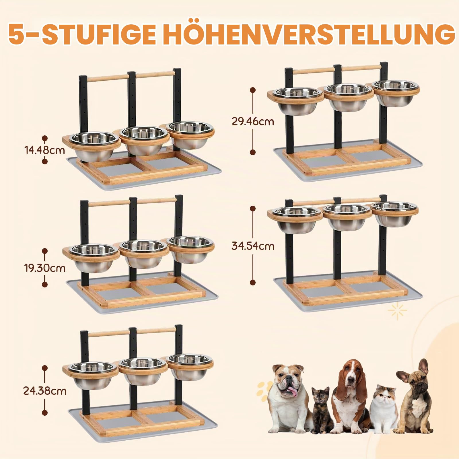 Hundenapf Erhöht, 5 Höhenverstellbar Hundenapf mit 3x1400ml Edelstahlnäpfen | Erhöhter Futternapf für Hunde, Holz Erhöhte Hundenäpfe Hundenapfständer Futternapf Futterstation mittel große