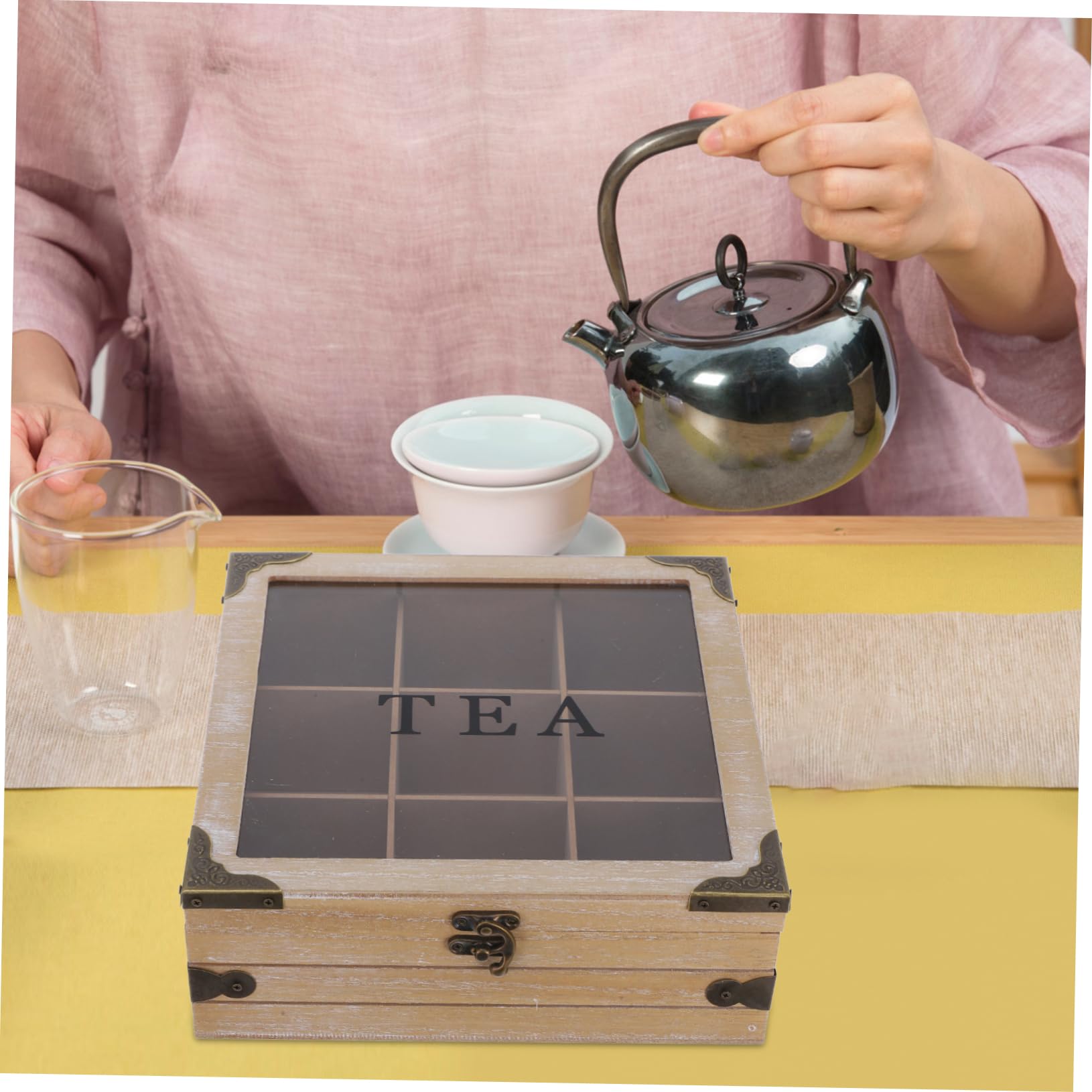 Caja Organizadora de Té de Madera con Tapa de Vidrio y Compartimentos