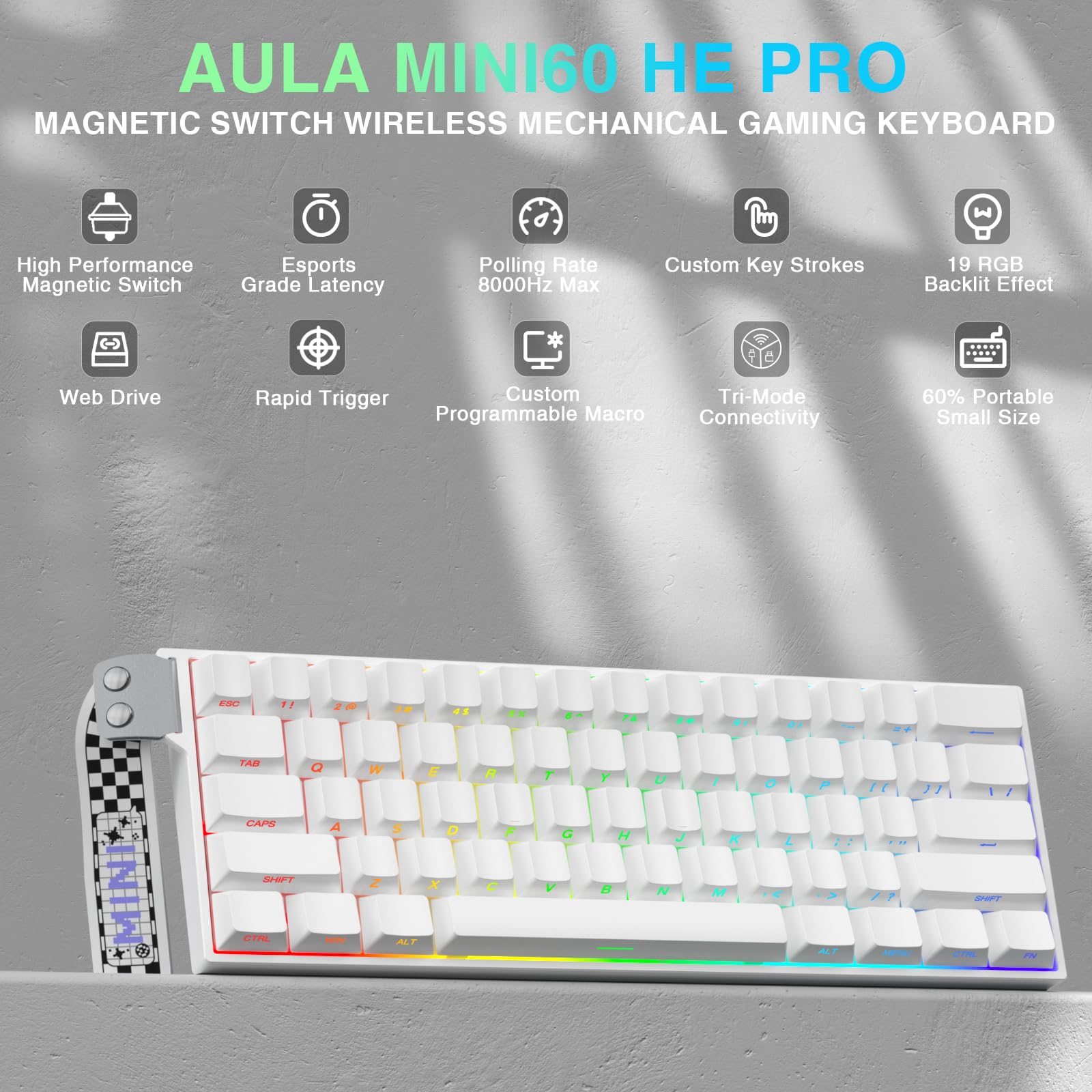 AULA MINI60 Wireless Gaming Keyboard,BT5.0/2.4GHz/Wired,Hall Effect Magnetic Switches,0.01mm RT Accuracy,Adjustable Actuation,8KHz Polling,RGB,WEB Driver,60% Percent Mechanical Keyboard (White) — view 2