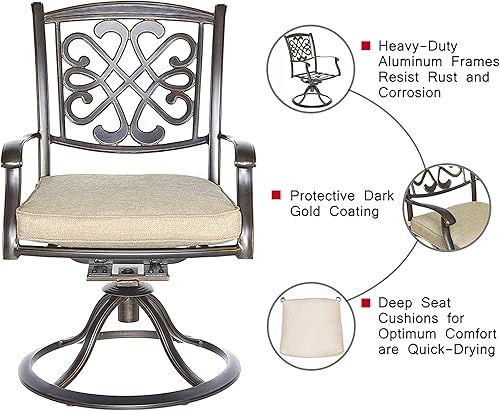 Miniatura 4 de Juego de 2 sillas giratorias de aluminio para patio, sillas mecedoras suaves para todo tipo de clima, sillas bistró con 4 cojines de asiento para