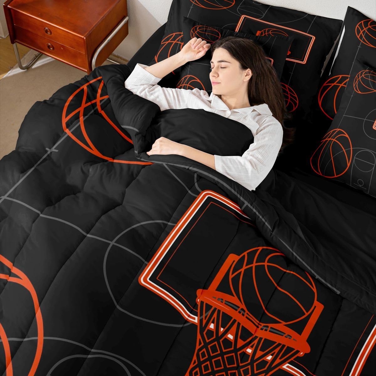 Erosebridal Basketball Games Boys Kids Comforter Set Queen Size 7 Pieces | Gaming Ball Pattern Bed in A Bag Sports Theme Bed Set Black Orange Bedding