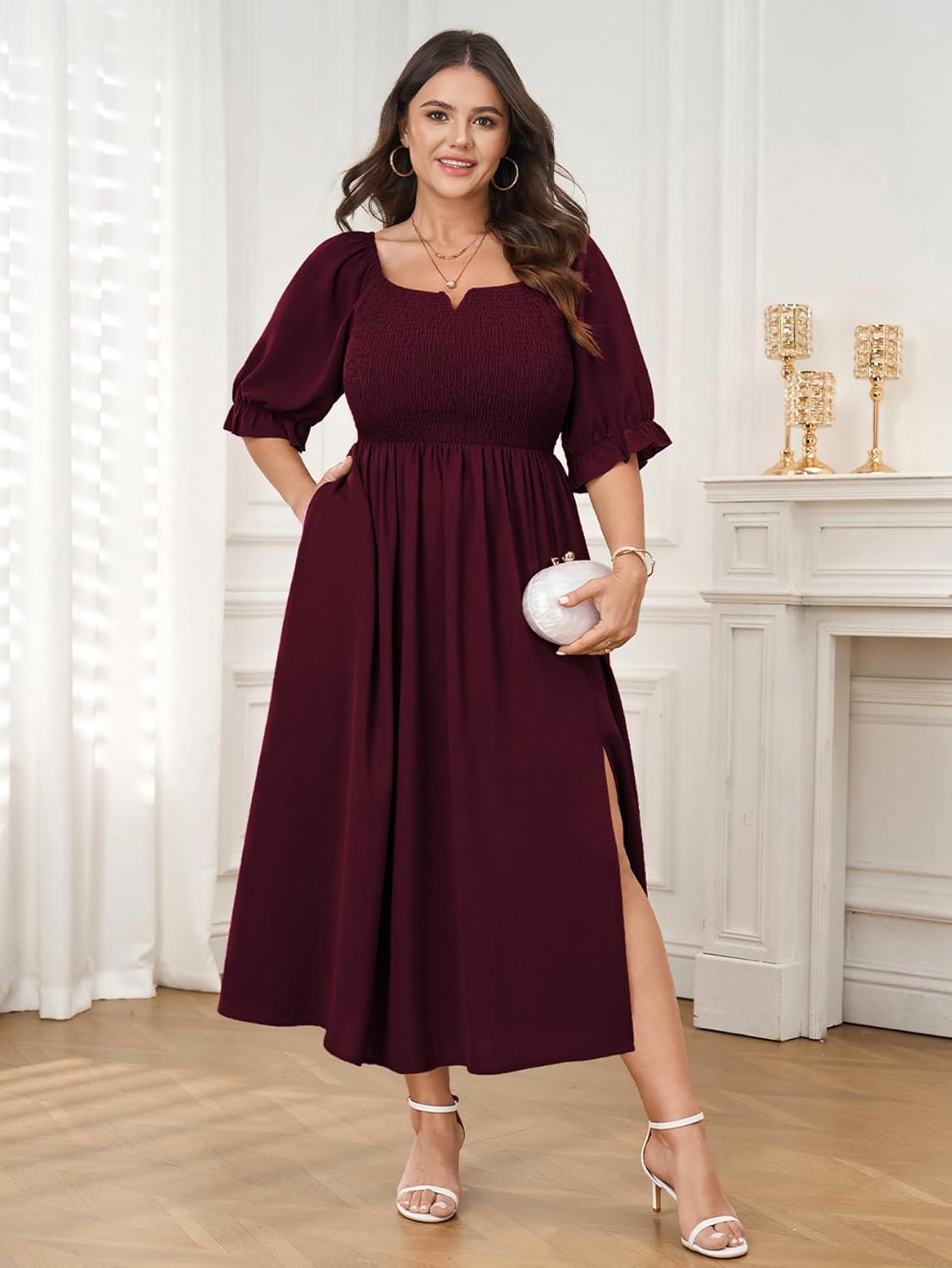 SCOMCHIC Womens Plus Size Maxi Dress Short Sleeve Square Neck Smocked Wedding Guest Flowy Split Dresses with Pockets - Image 2