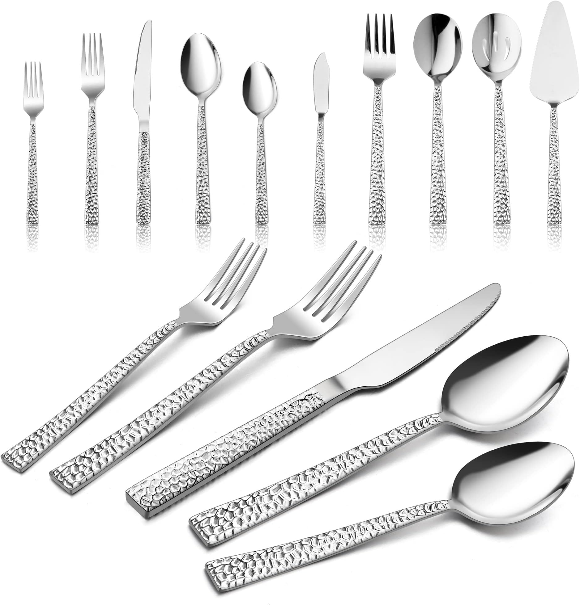 HaWare 45-Piece Hammered Silverware Set with Serving Utensils, Stainless Steel Flatware with Square Edge for 8, Fancy Cutlery Tableware, Include Knifes Forks Spoons, Mirror Polished, Dishwasher Safe